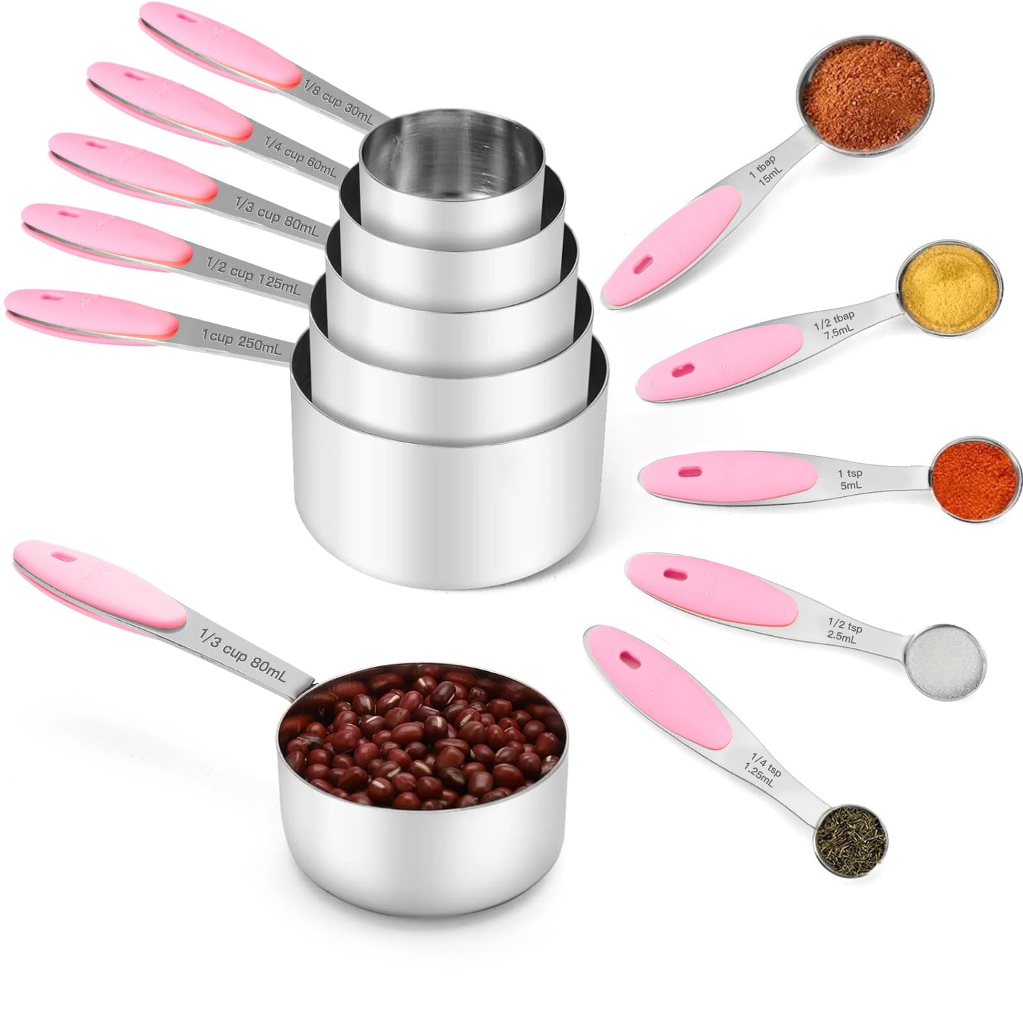 Ensemble de 10 tasses et cuillères à mesurer en acier inoxydable Joyhill, ensemble de tasses à mesurer emboîtables en métal avec poignées en silicone doux au toucher pour ingrédients secs et liquides, cuisine et pâtisserie (noir)