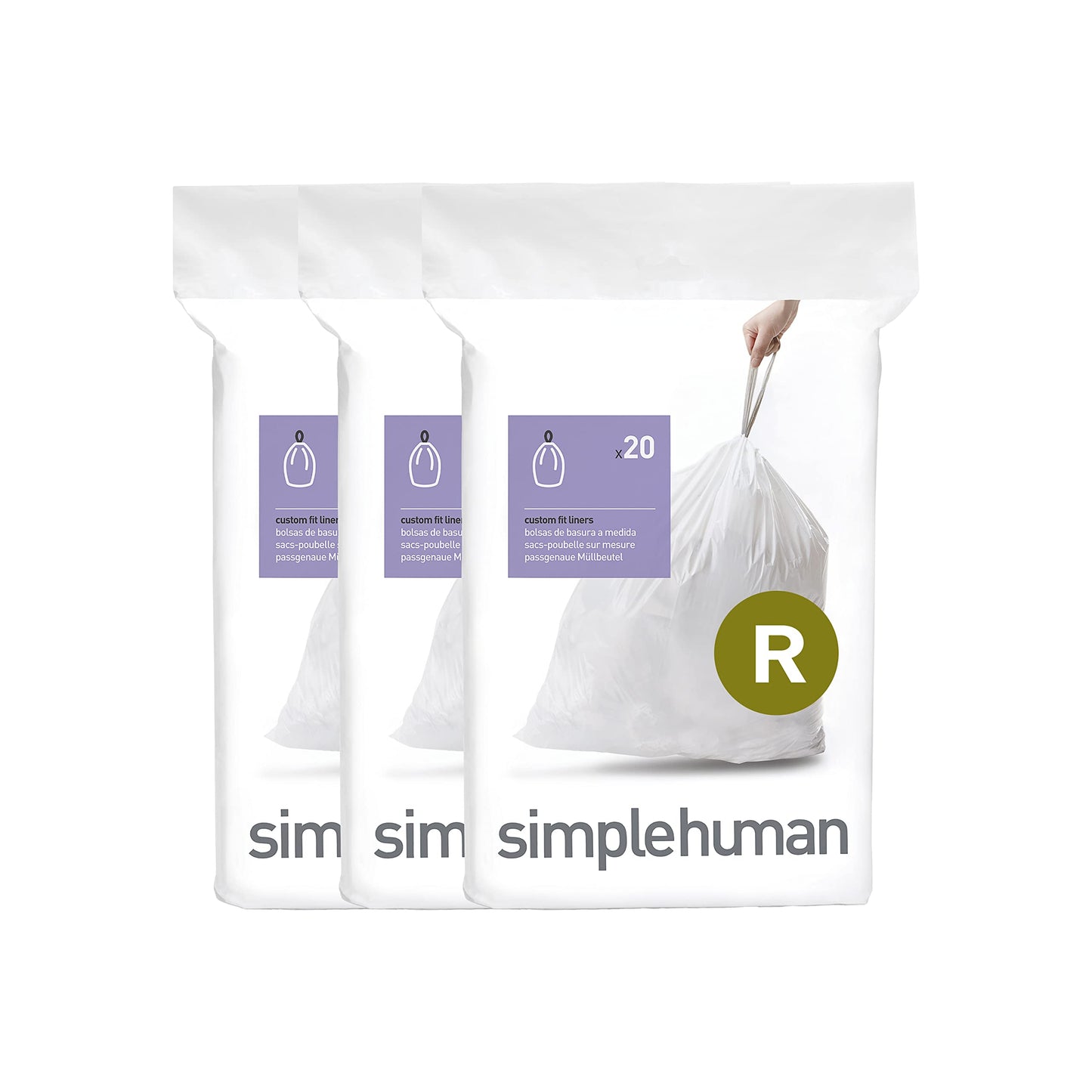 simplehuman Code H 60 Count, Genuine Custom Fit Liners, Drawstring Trash Bags in Dispenser Packs, 30-35 Liter / 8-9.2 Gallon, White