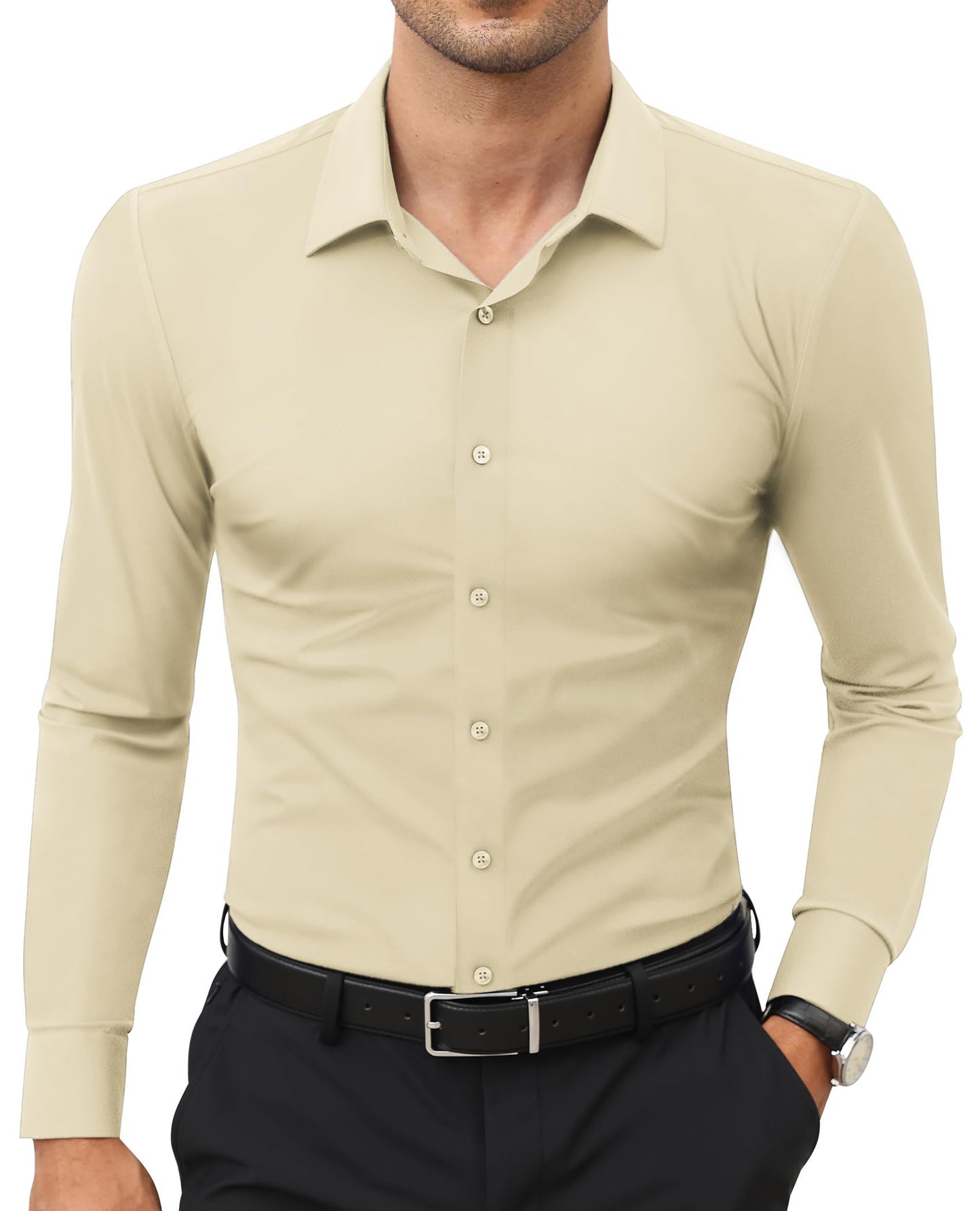 Stretch Mens Dress Shirts Long Sleeve Slim Fit Dress Shirts for Men Muscle Fit Wrinkle Free Button Down Shirt