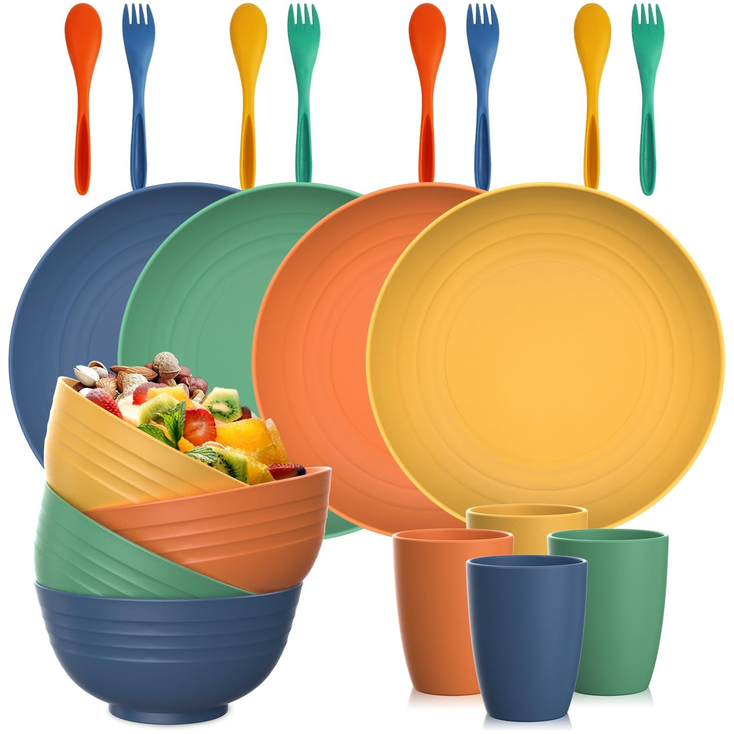 28 Piece Wheat Straw Dinnerware Sets,Dishwasher & Microwave Safe Plates and Bowls Sets - Unbreakable Plastic Dinnerware Sets for 4 Dinner Plates, Cups, Cereal Bowls - Colorful Series