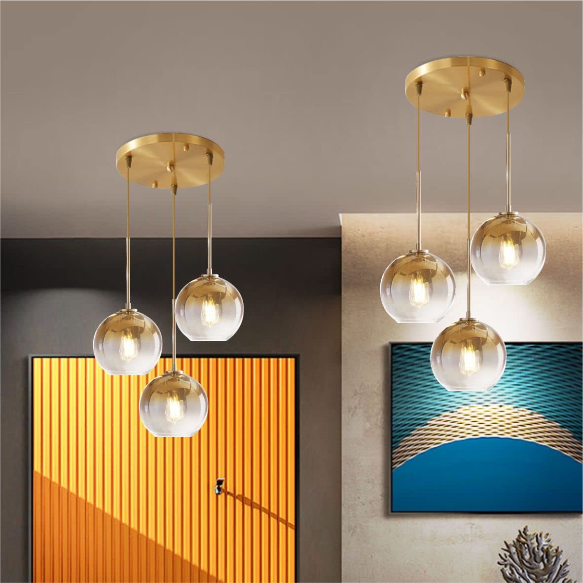 KCO Lighting Gold Cluster Pendelleuchte 3-flammige Cluster Pendelleuchte Große Glaspendelleuchten Kücheninsel Bubble Globe Kronleuchter Mid Century Modern Hängeleuchte