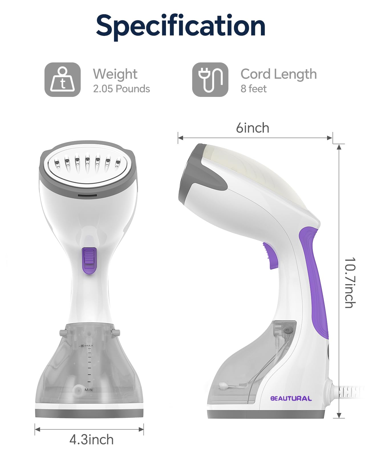 BEAUTURAL Steamer for Clothes, Portable Handheld Garment Fabric Wrinkles Remover, 30-Second Fast Heat-up, Auto-Off, Large Detachable Water Tank