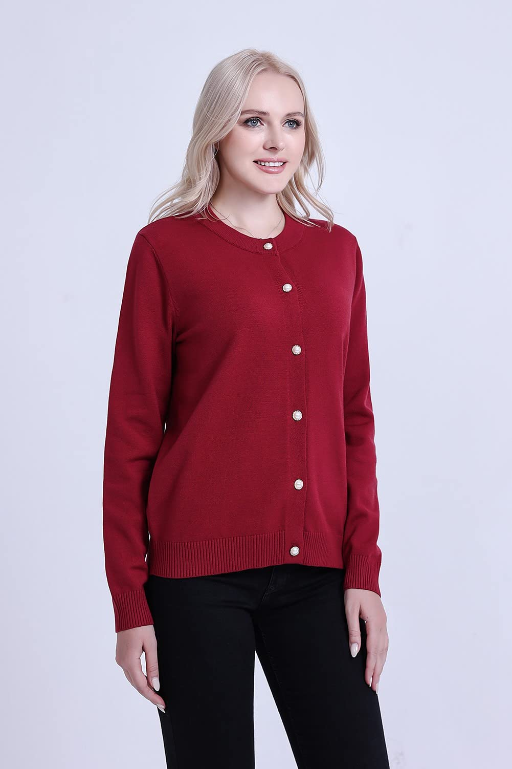 SMILING PINKER Women Cardigan Sweater Crewneck Pearl Button Knitted Tops Medium Weight