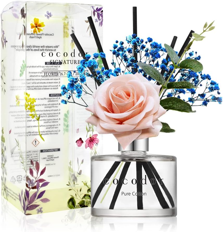 COCODOR Flower Reed Diffuser Set / 6.7oz / White Jasmine/Scent Diffuser with Sticks Home Fragrance Reed Diffuser for Bathroom Shelf Decor