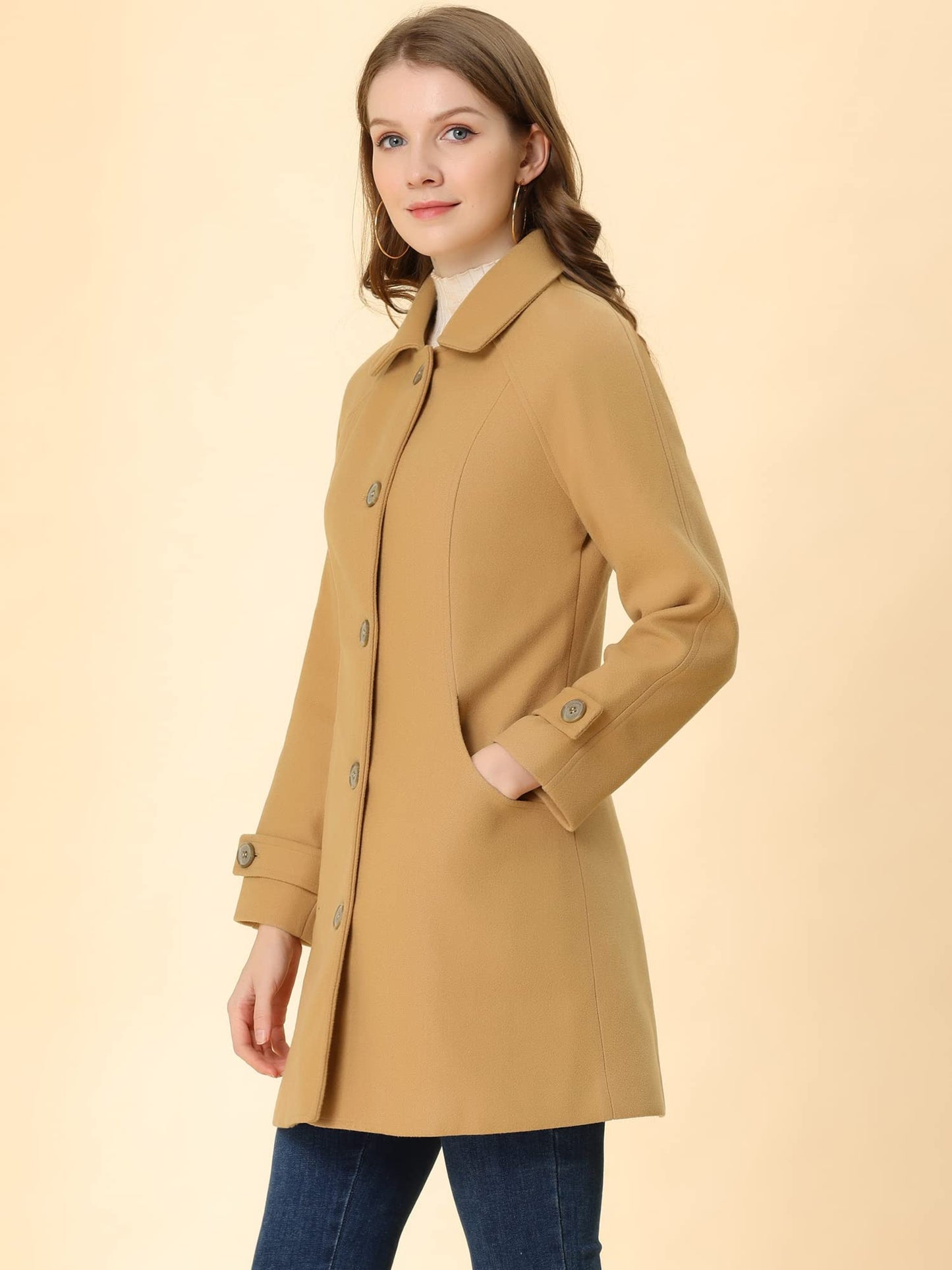 Allegra K Damen Winter Oberbekleidung Mantel Peter Pan Kragen Mitte Oberschenkel A-Linie Einreihig Pea Coat