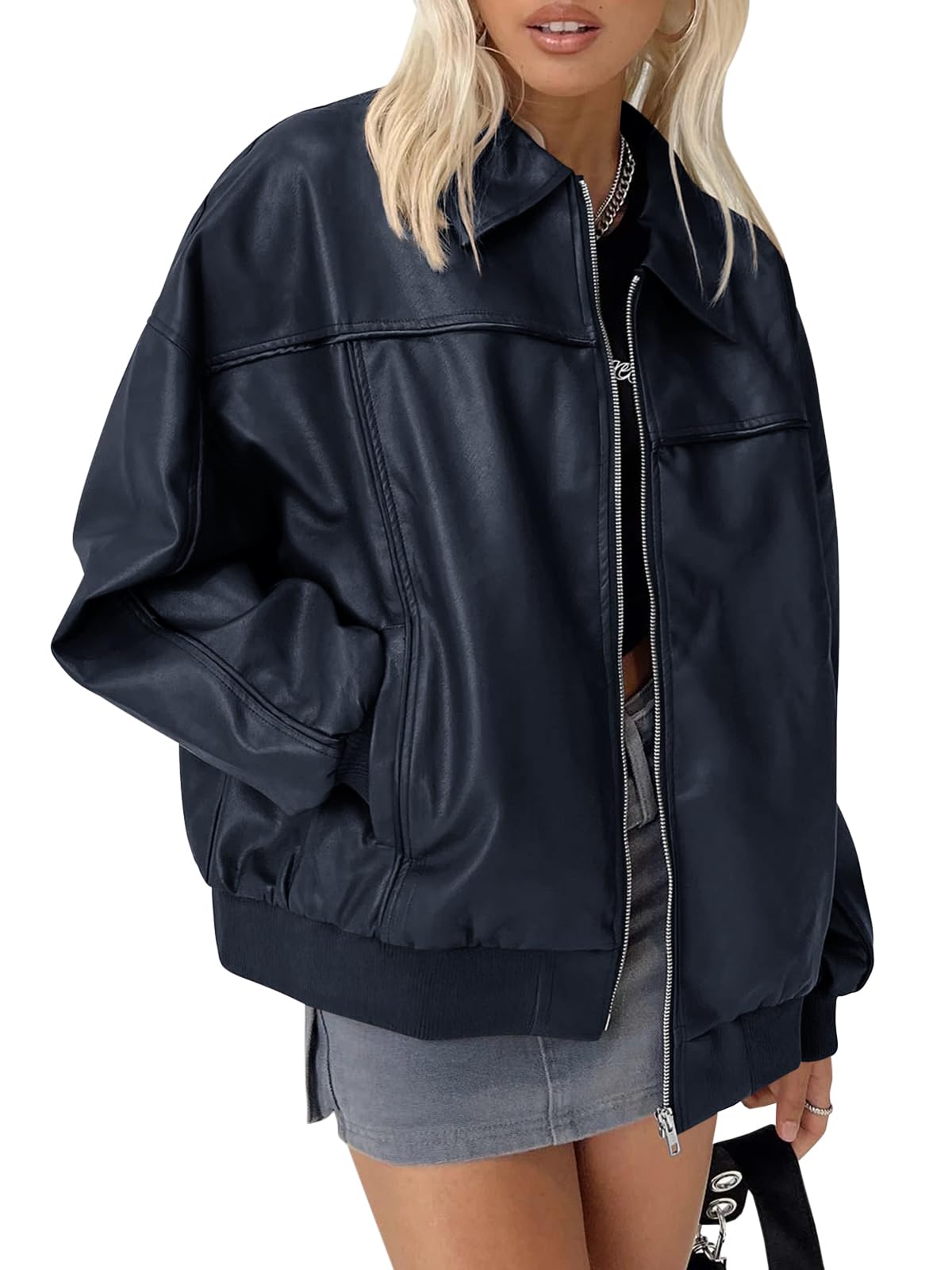 Tankaneo Womens Faux Leather Jackets Oversized Bomber Casual Fall Fashion Zip Up Moto Biker Coats