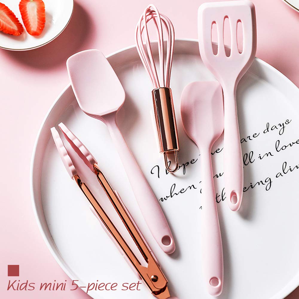 Mini-Küchenhelfer in Roségold und Grau, kleines fünfteiliges Set, winzige Küchenwerkzeuge aus Silikon für Kinder, Schneebesen, Spatel, Zange, Löffel und Schlitzspatel zum Kochen (Backzubehör für Kinder), Grau