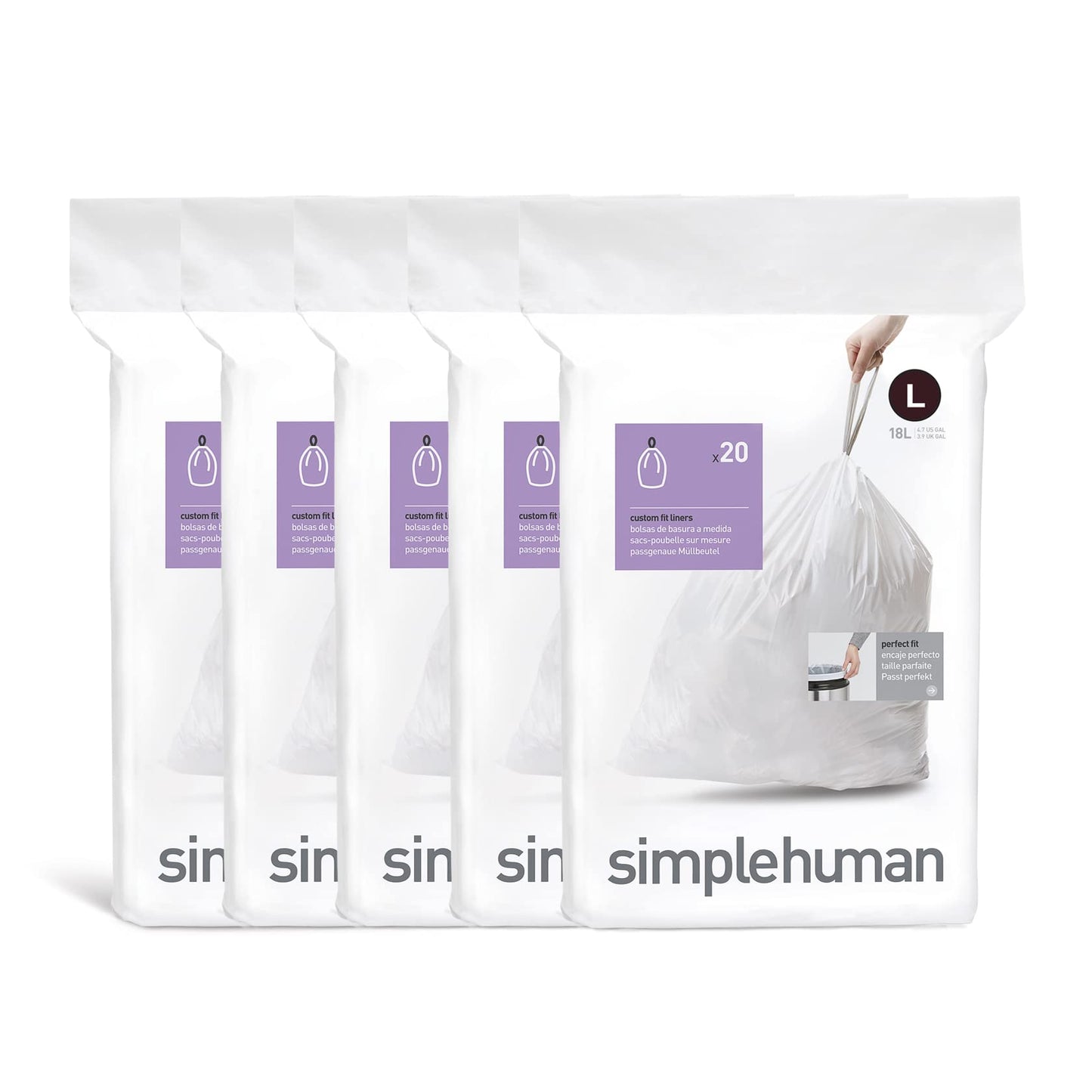 simplehuman Code H 60 Count, Genuine Custom Fit Liners, Drawstring Trash Bags in Dispenser Packs, 30-35 Liter / 8-9.2 Gallon, White