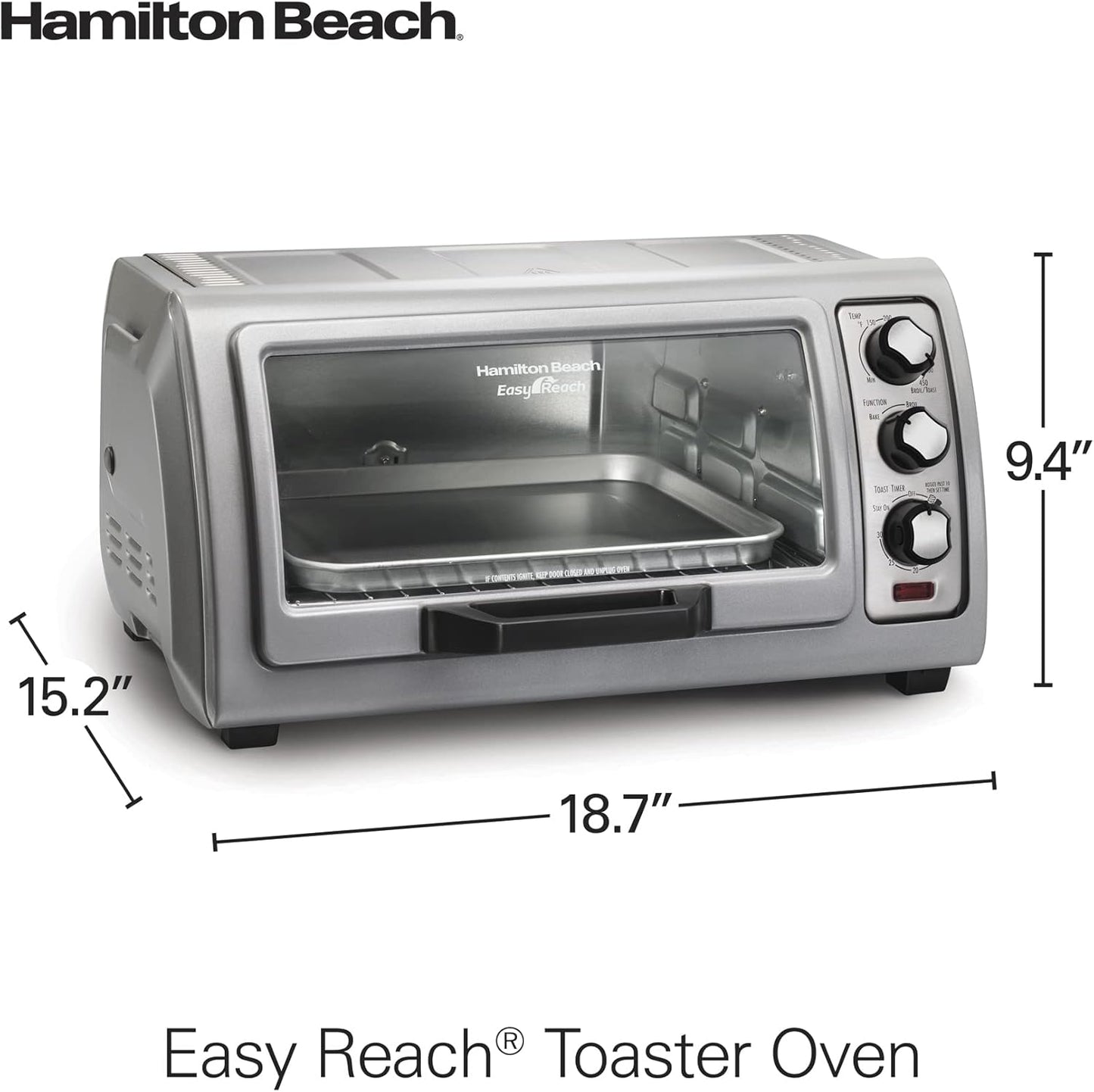 Hamilton Beach 6-Scheiben-Toasterofen für die Arbeitsplatte mit leicht erreichbarer Rolltop-Tür, Back-, Grill- und Toastfunktionen, automatischer Abschaltung, Silber (31127D)