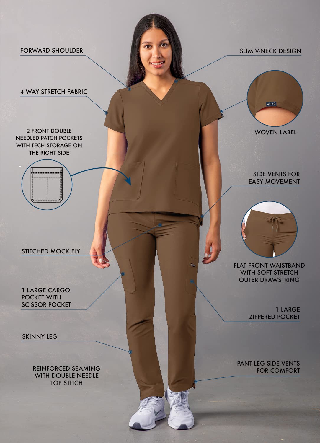 Ensemble de gommage Adar Addition Go-Basic pour femme - Haut de gommage slim à col en V et pantalon de gommage cargo skinny