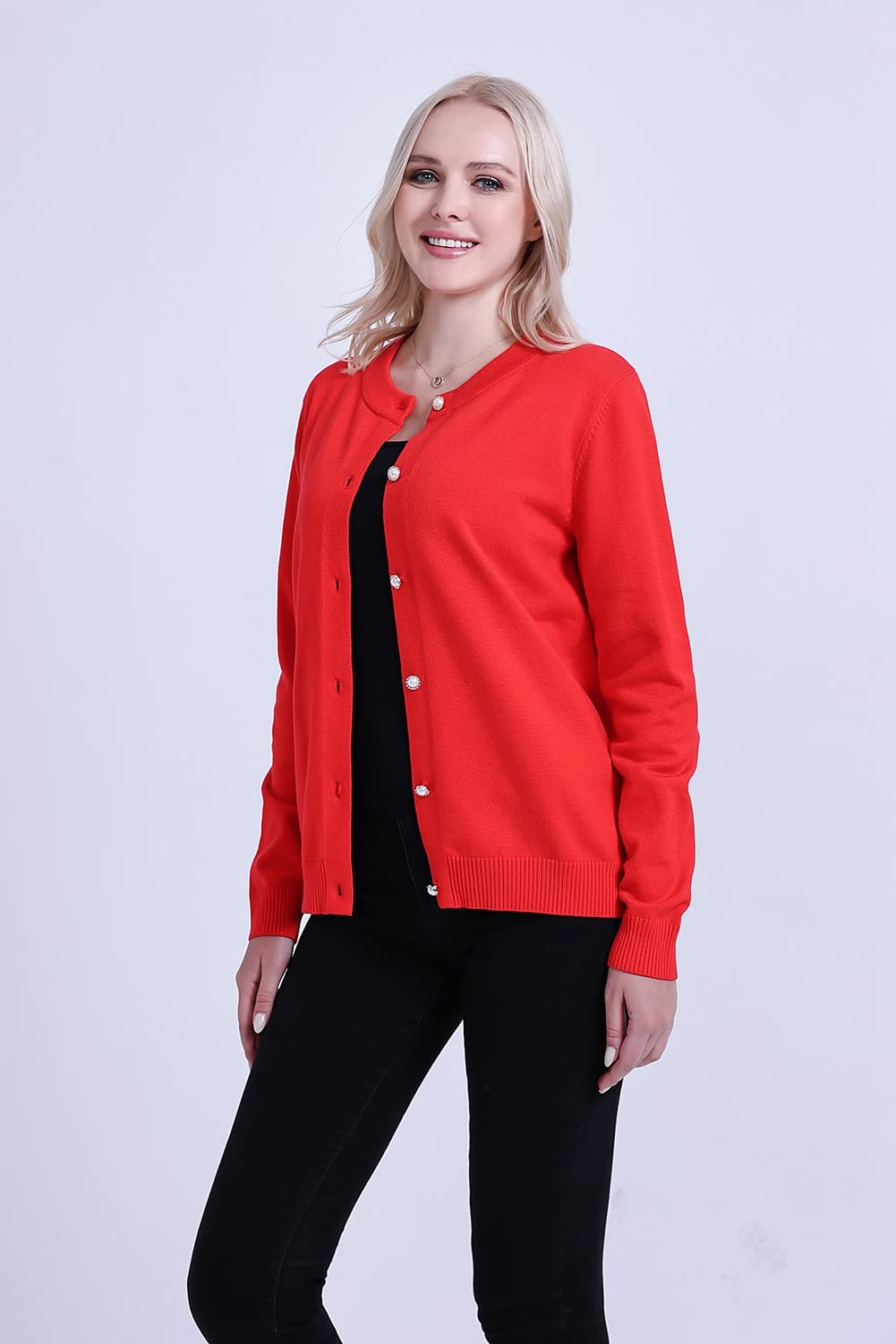 SMILING PINKER Women Cardigan Sweater Crewneck Pearl Button Knitted Tops Medium Weight