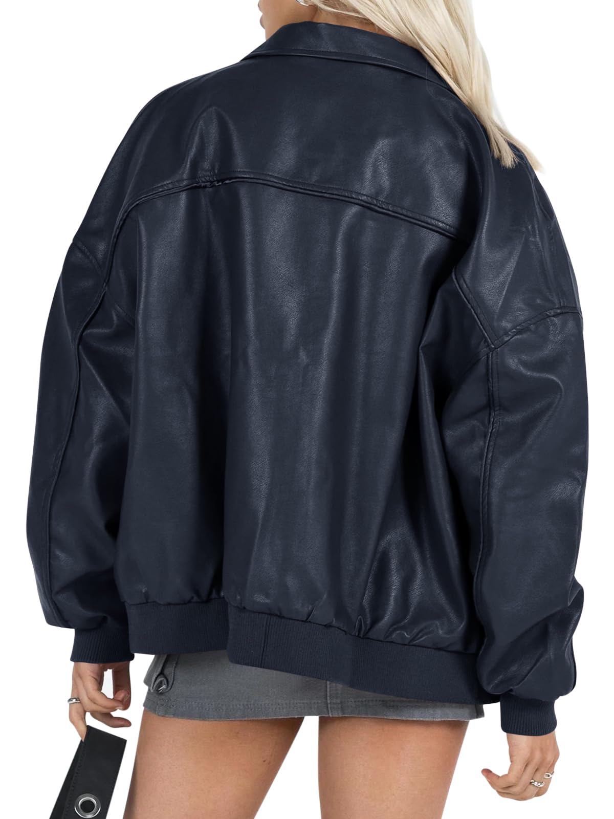 Tankaneo Womens Faux Leather Jackets Oversized Bomber Casual Fall Fashion Zip Up Moto Biker Coats