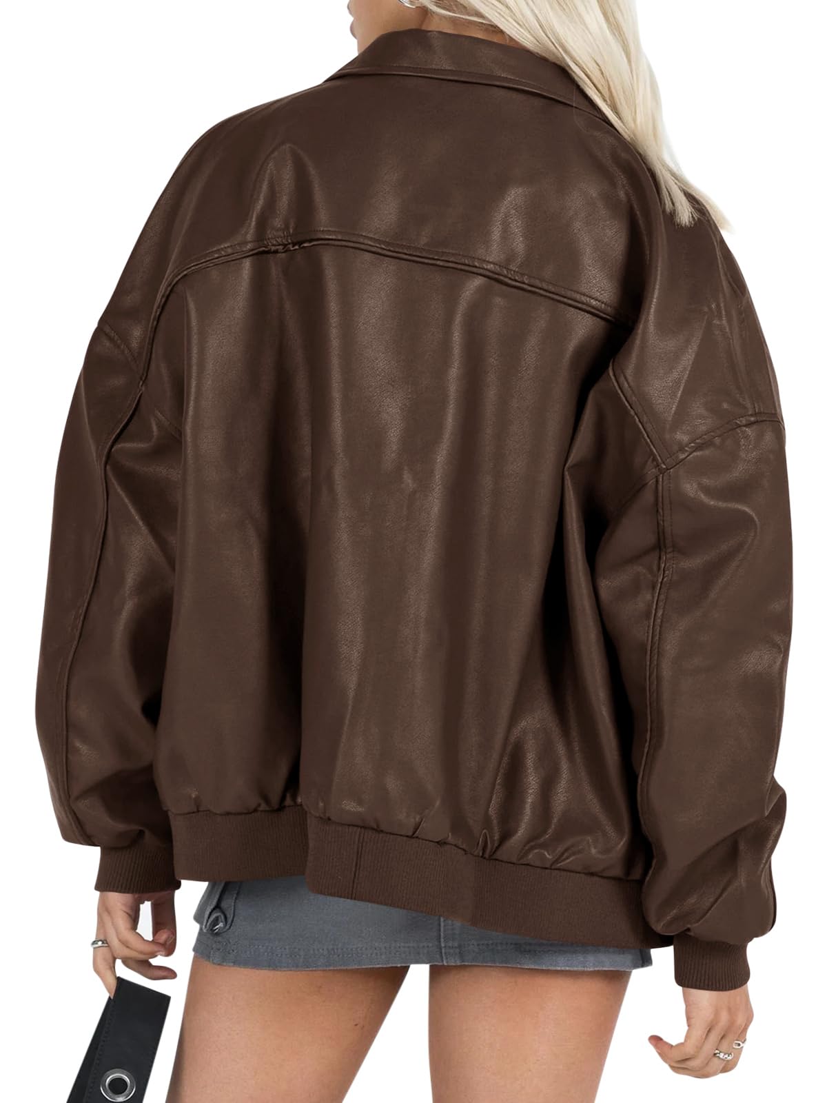 Tankaneo Womens Faux Leather Jackets Oversized Bomber Casual Fall Fashion Zip Up Moto Biker Coats