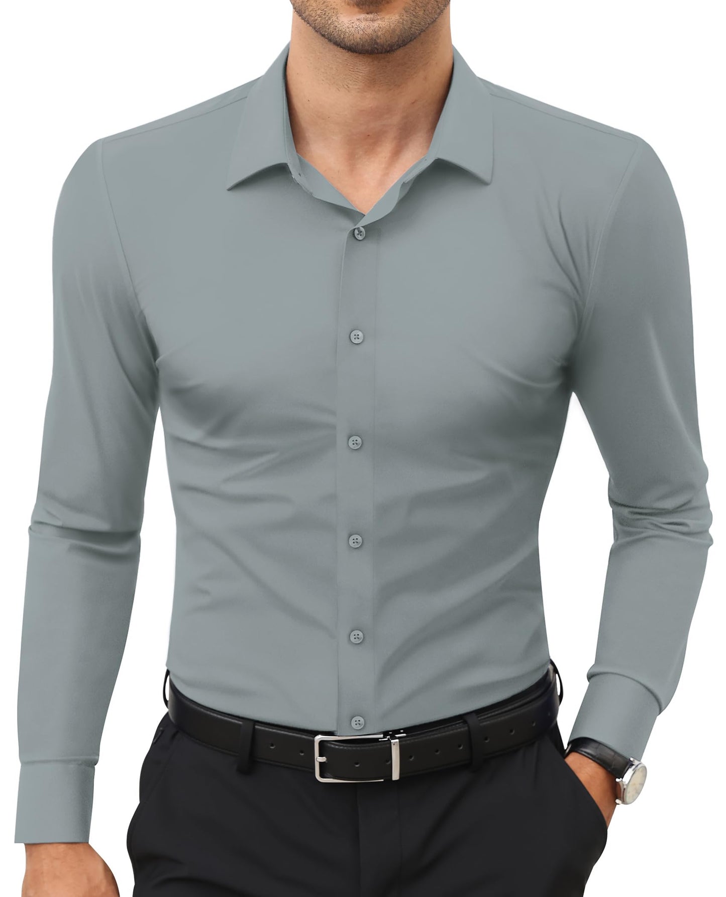 Stretch Mens Dress Shirts Long Sleeve Slim Fit Dress Shirts for Men Muscle Fit Wrinkle Free Button Down Shirt