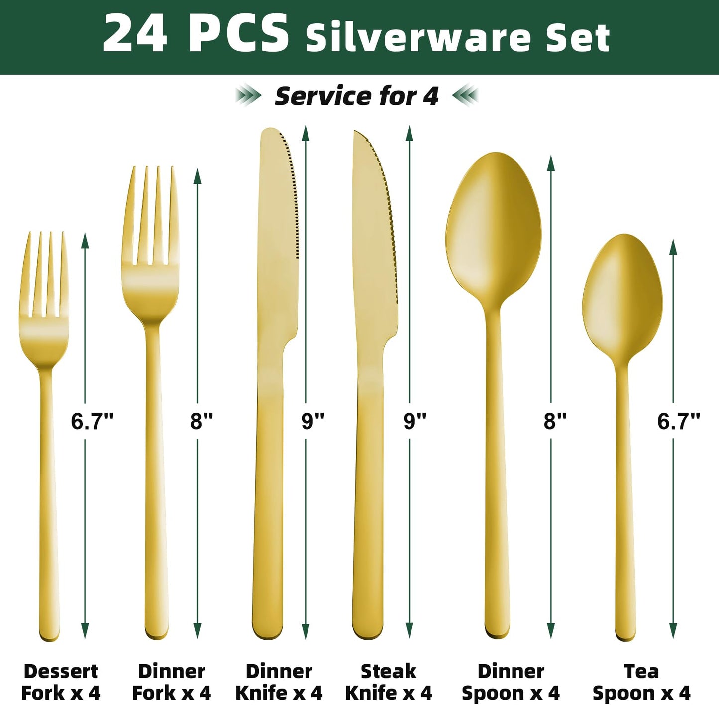 24 Pcs Gold Silverware Set with Steak Knives, Food-Grade Stainless Steel Flatware Cutlery Set for 4, Mirror Polished Tableware Eating Utensils Set for Kitchen, Knife Fork Spoon Set, Dishwasher Safe