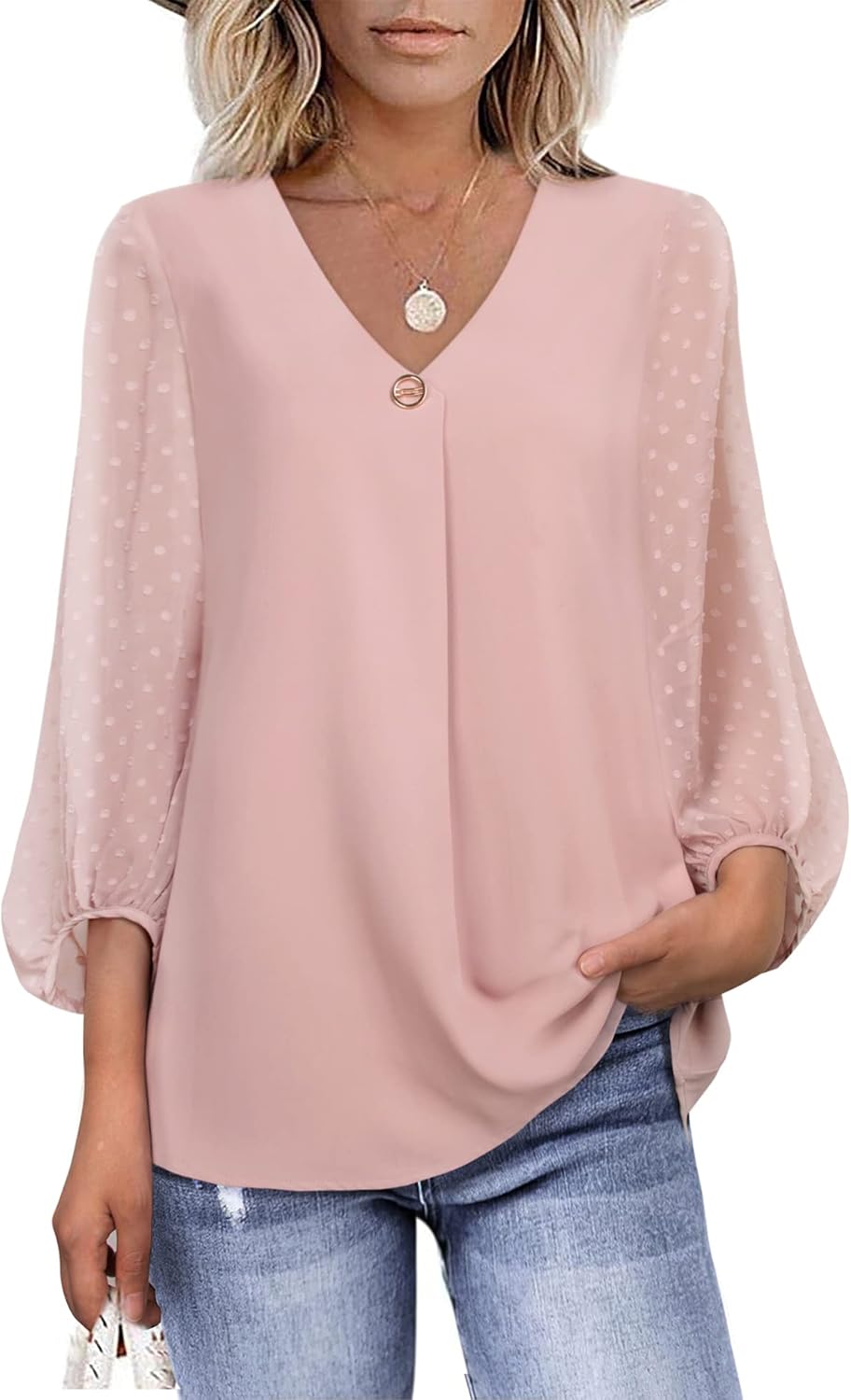 Bebonnie Damen Chiffonbluse mit Laternenmuster, 3/4-Ärmel, lässig, locker, V-Ausschnitt