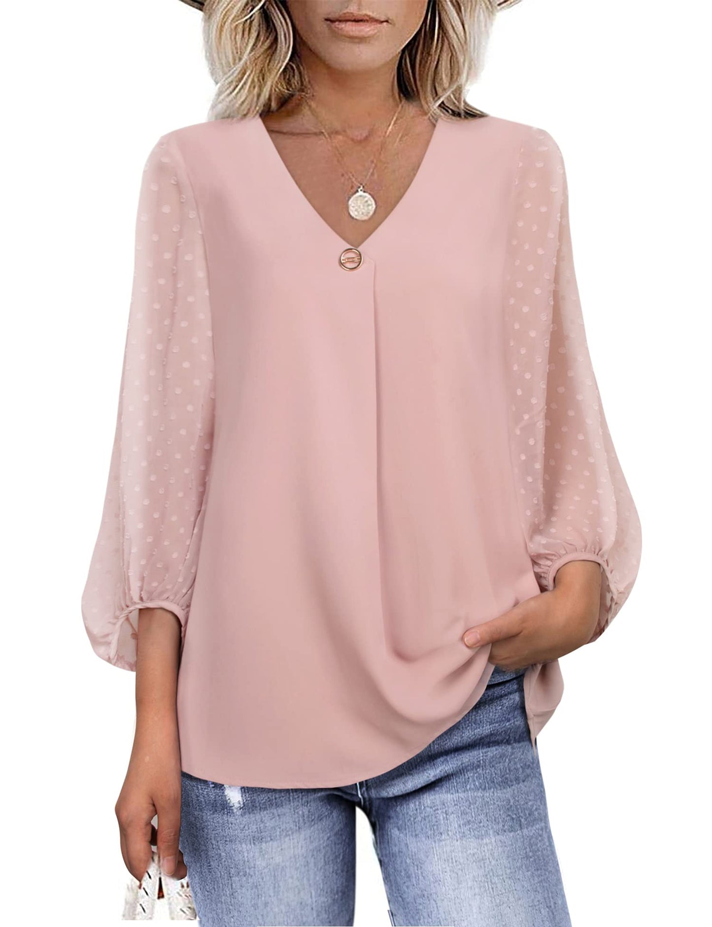 Bebonnie Damen Chiffonbluse mit Laternenmuster, 3/4-Ärmel, lässig, locker, V-Ausschnitt