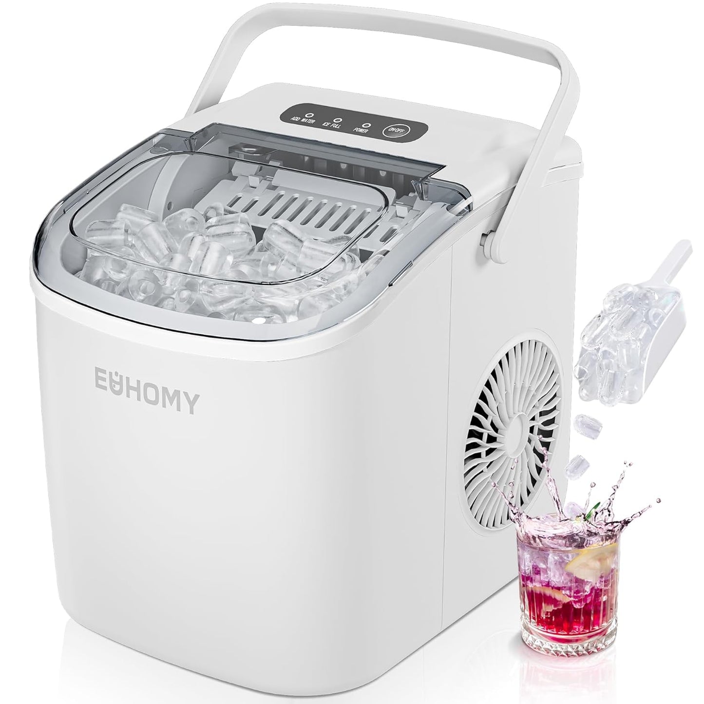 EUHOMY Countertop Ice Maker Machine with Handle, 26lbs in 24Hrs, 9 Ice Cubes Ready in 6 Mins, Auto-Cleaning Portable Ice Maker with Basket and Scoop, for Home/Kitchen/Camping/RV. (Black)