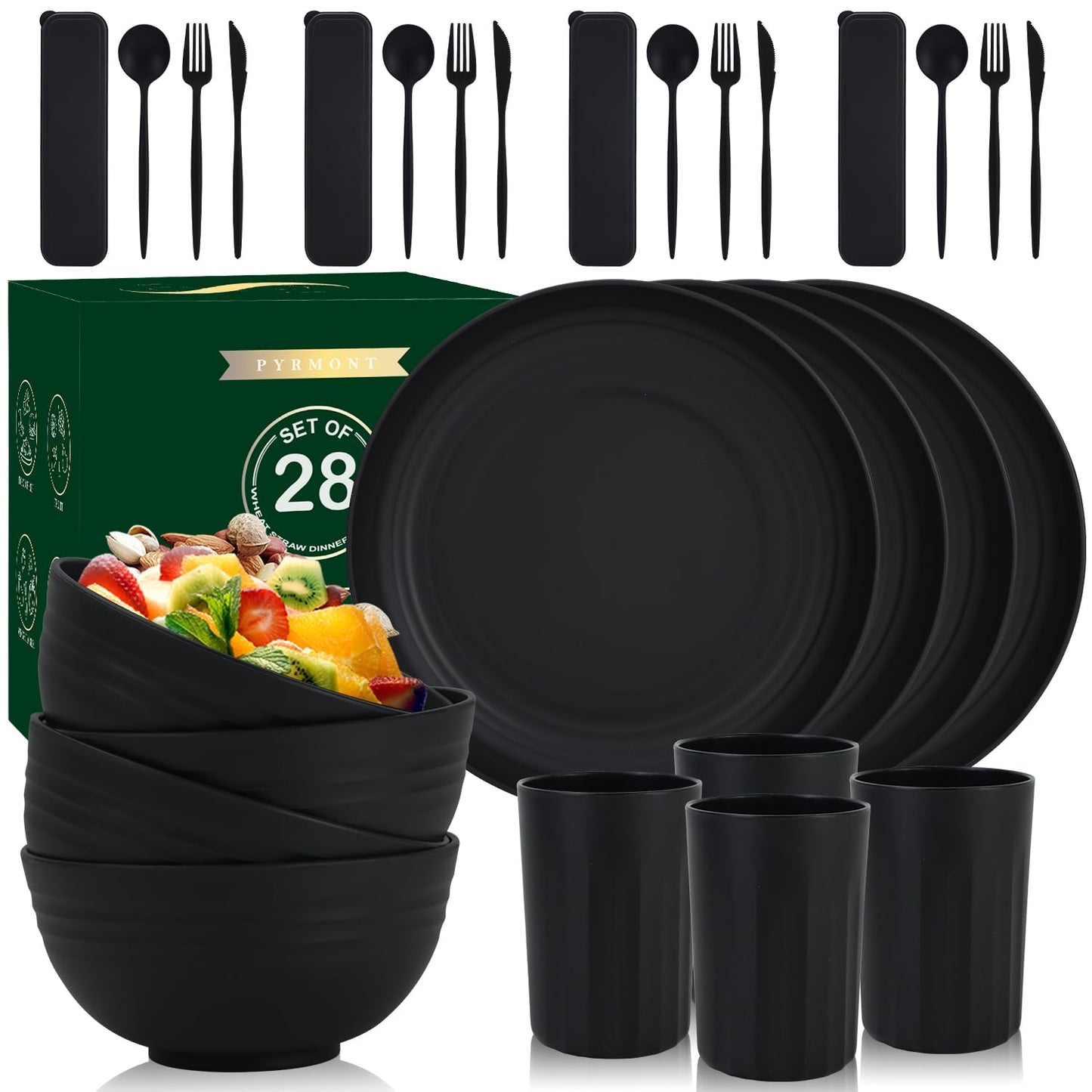 28 Piece Wheat Straw Dinnerware Sets,Dishwasher & Microwave Safe Plates and Bowls Sets - Unbreakable Plastic Dinnerware Sets for 4 Dinner Plates, Cups, Cereal Bowls - Colorful Series