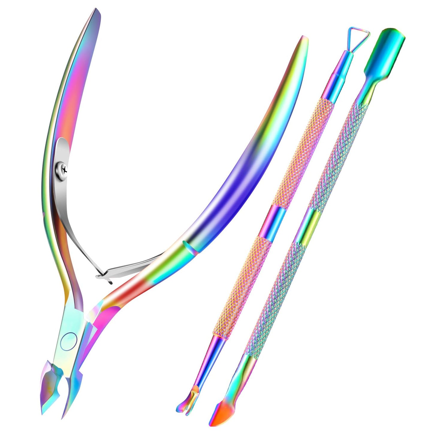 3-Piece Rainbow Cuticle Care Kit – Precision Trimmer, Dual-Head Pusher & Scraper | Surgical-Grade Stainless Steel