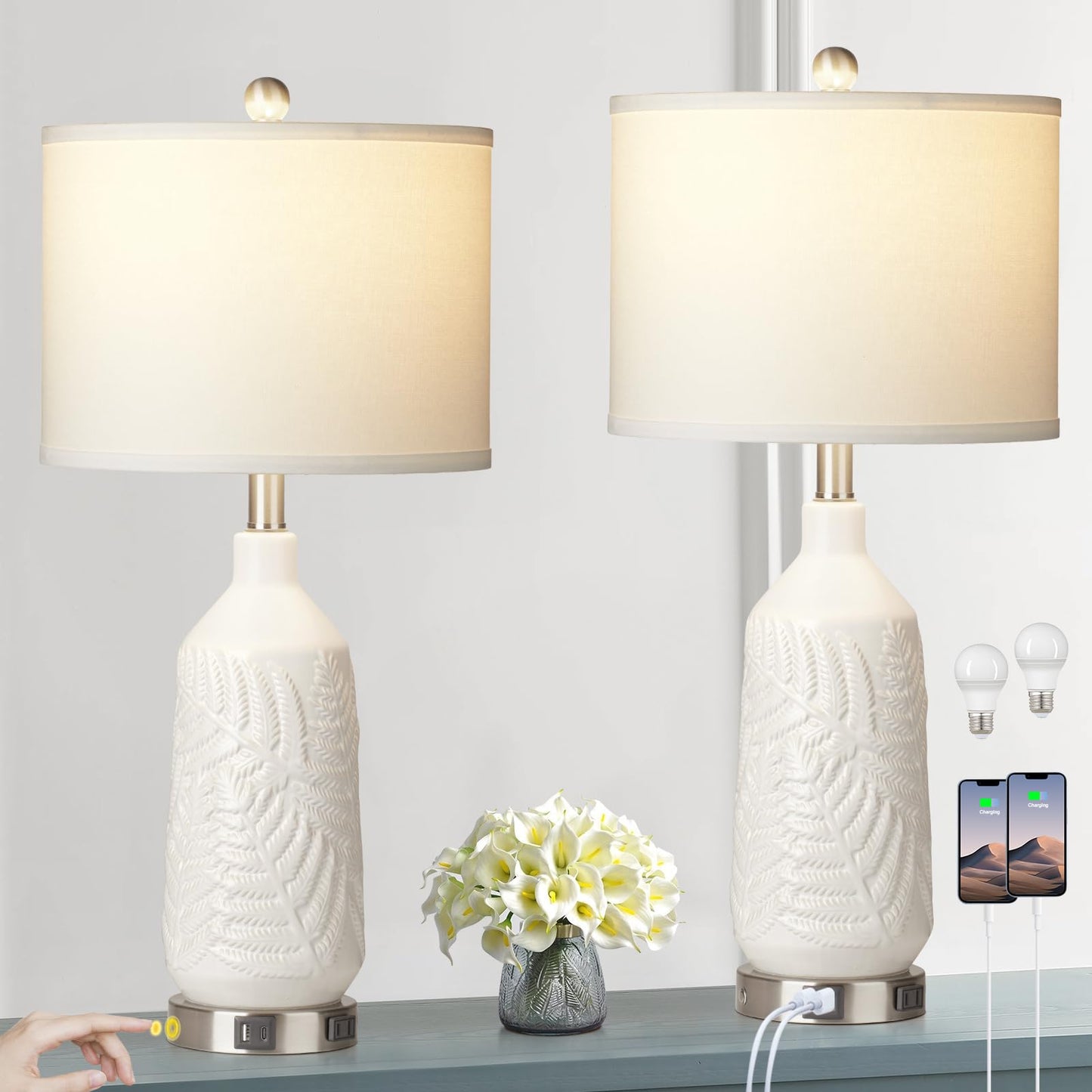 27-Zoll-Tischlampen aus Glas, 2er-Set mit Nachtlicht, moderne Nachttischlampen mit 3-Wege-Touch-Steuerung, USB-A+C-Anschlüssen und AC-Steckdose, gelbe Nachttischlampen im Boho-Stil für das Wohnzimmer im Schlafzimmer