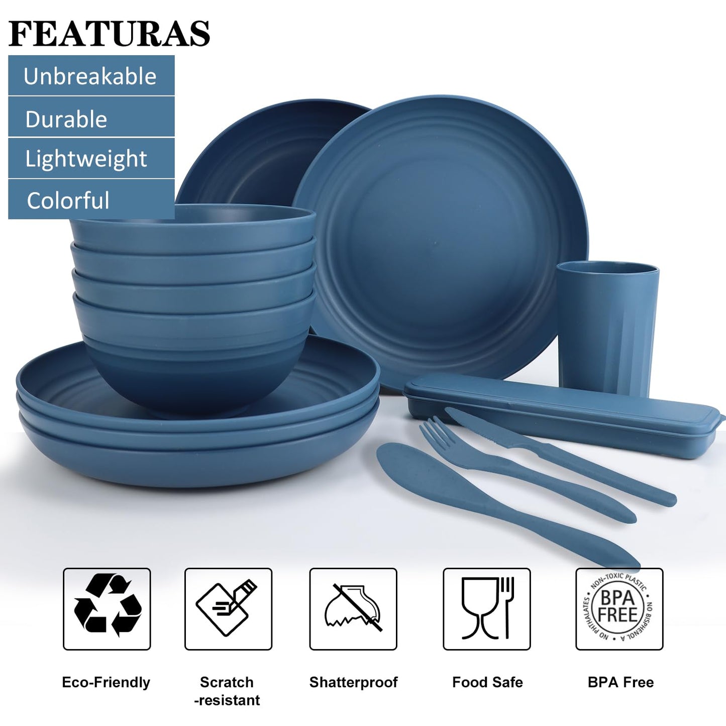 28 Piece Wheat Straw Dinnerware Sets,Dishwasher & Microwave Safe Plates and Bowls Sets - Unbreakable Plastic Dinnerware Sets for 4 Dinner Plates, Cups, Cereal Bowls - Colorful Series