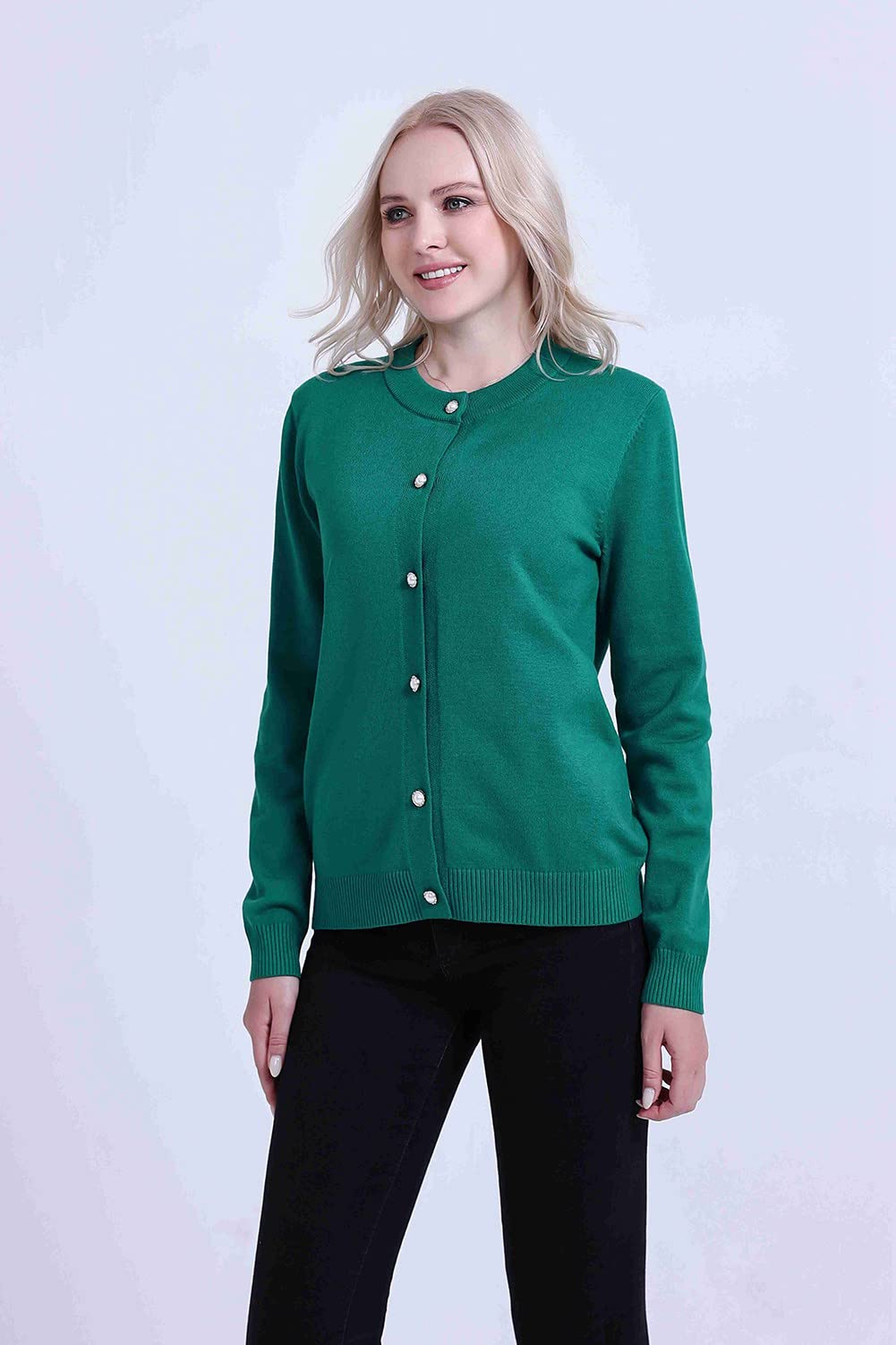SMILING PINKER Women Cardigan Sweater Crewneck Pearl Button Knitted Tops Medium Weight
