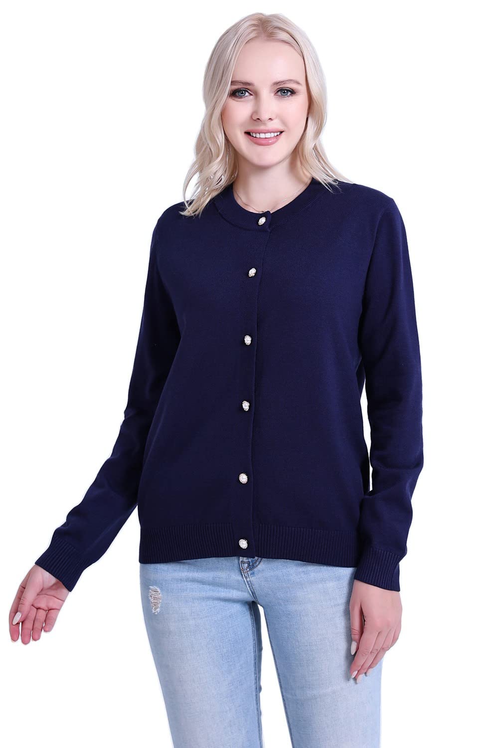 SMILING PINKER Women Cardigan Sweater Crewneck Pearl Button Knitted Tops Medium Weight