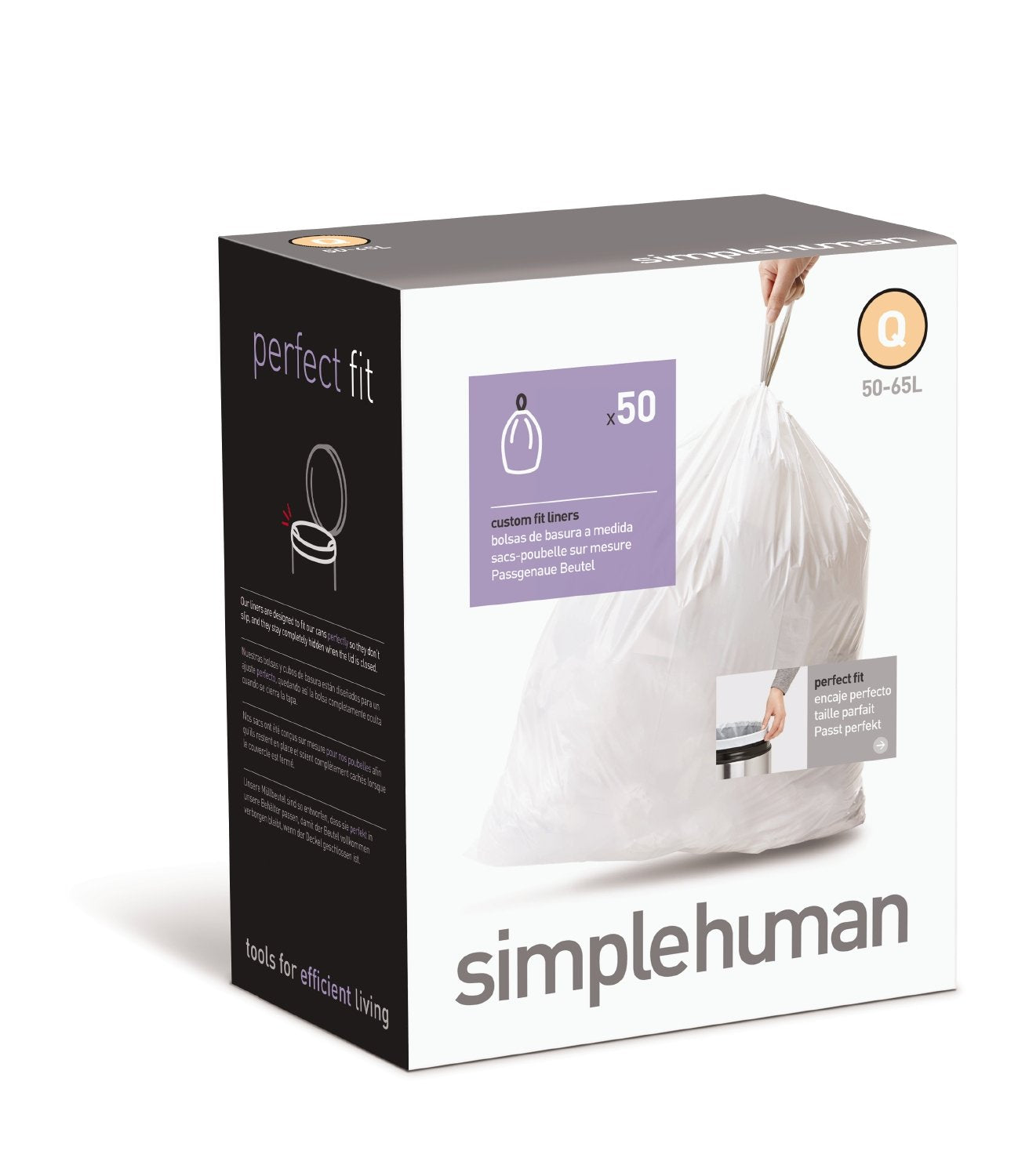 simplehuman Code H 60 Count, Genuine Custom Fit Liners, Drawstring Trash Bags in Dispenser Packs, 30-35 Liter / 8-9.2 Gallon, White