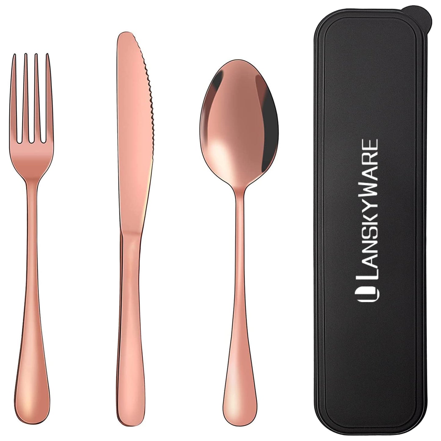 Portable Travel Utensils Set, 18/8 Stainless Steel 3 PCS Cutlery Set Including Knife Fork and Spoon, Reusable Travel Silverware Set with Case for Lunch Box Camping School Office