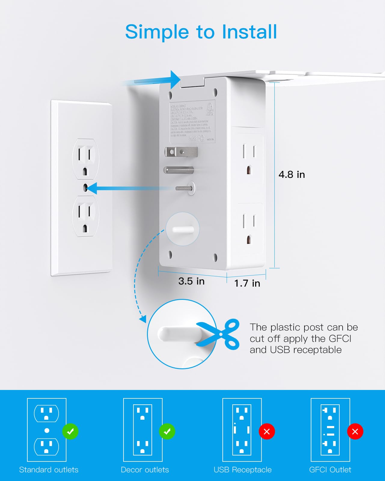 Mehrfachsteckdosen, Wandsteckdosenverlängerung mit Nachtlicht und Steckdosenablage, Überspannungsschutz 4 USB-Anschlüsse (2 USB C), USB-Wandladegerät, Steckdosenleiste, Steckdosenverteiler für das Homeoffice