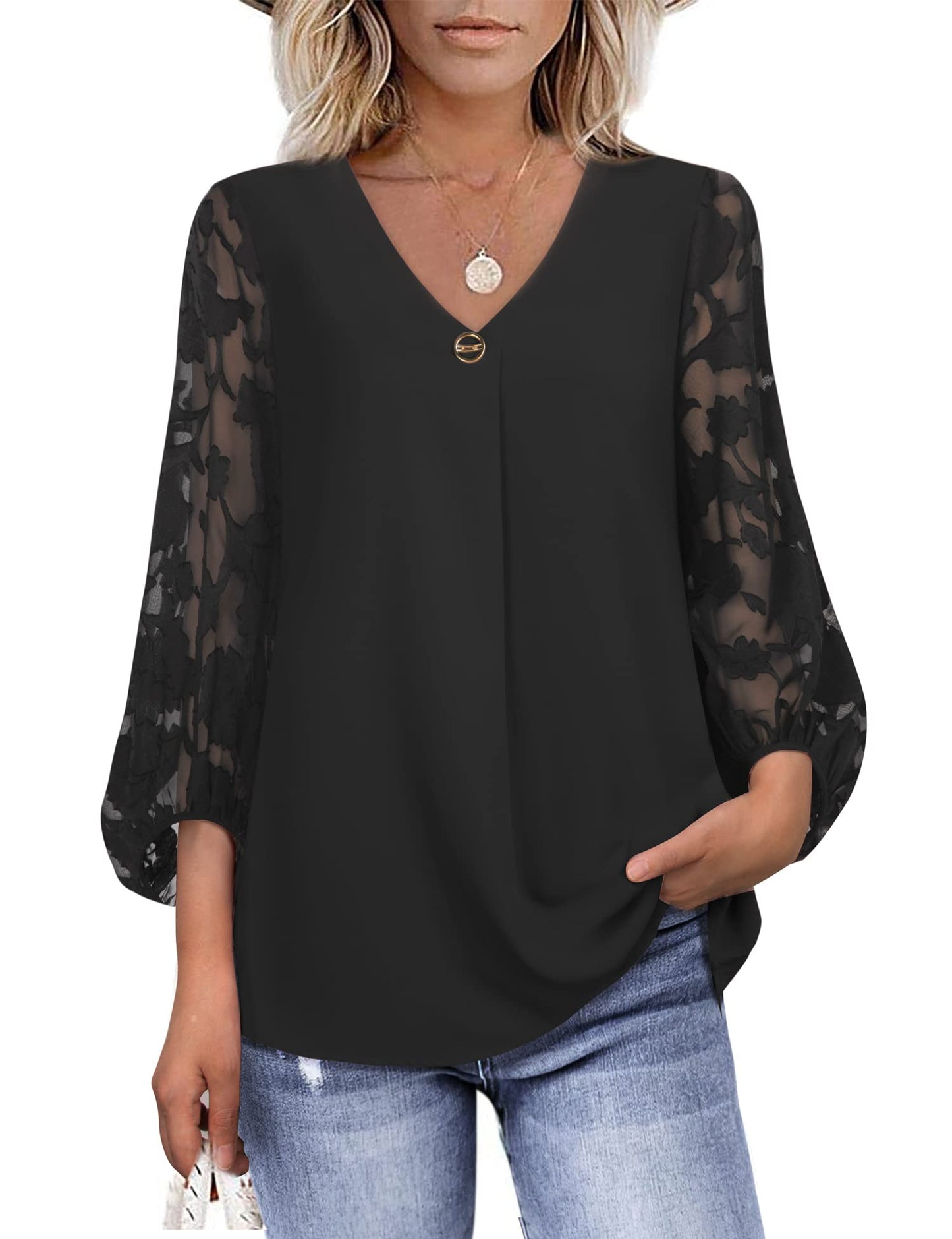 Bebonnie Damen Chiffonbluse mit Laternenmuster, 3/4-Ärmel, lässig, locker, V-Ausschnitt