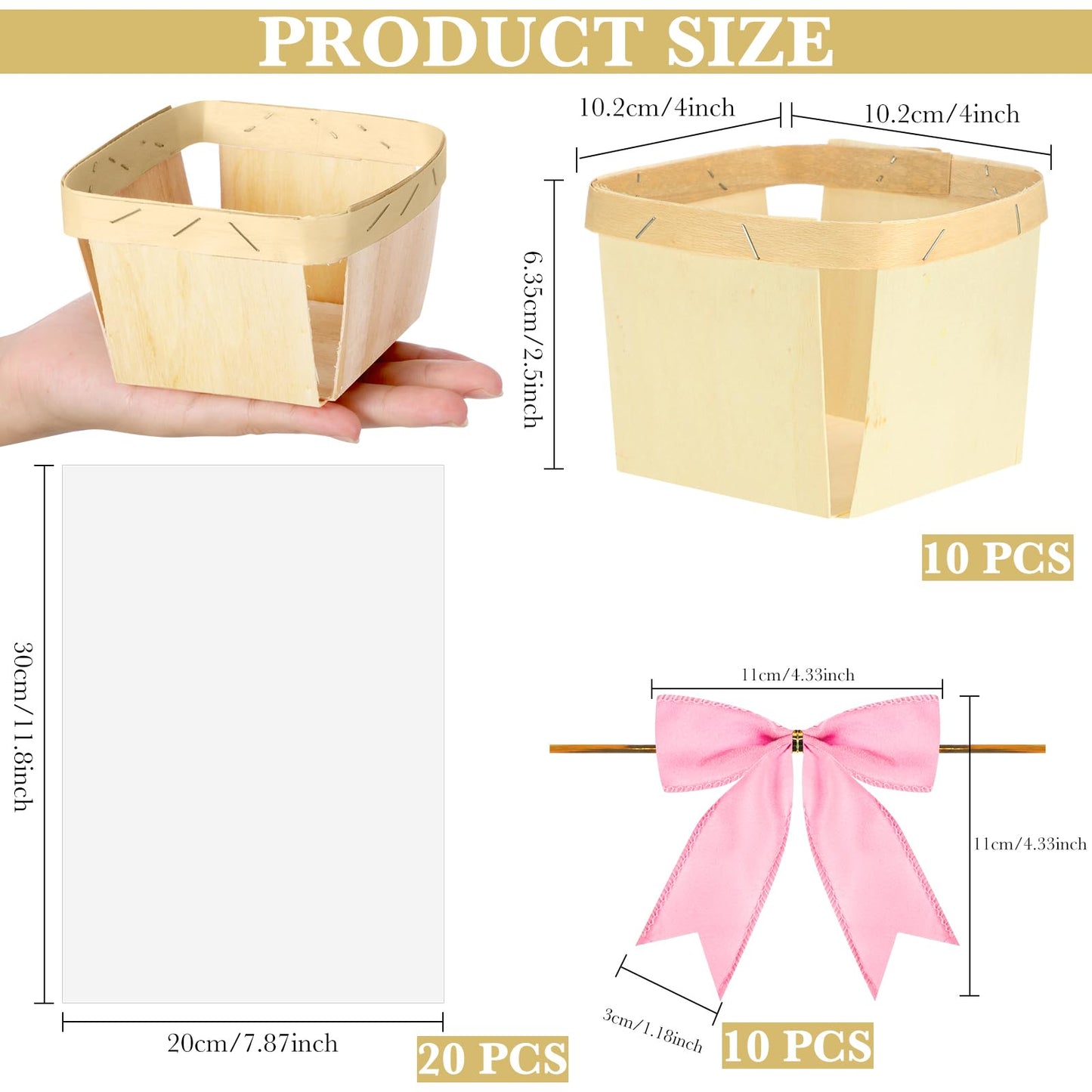 Yerliker 10 Set Wooden Mini Baskets for Gifts Empty 4 Inches Small Baskets Berry Basket Bows Clear Treat Bags Set for DIY Picking Wedding Birthday Easter(White,Satin)