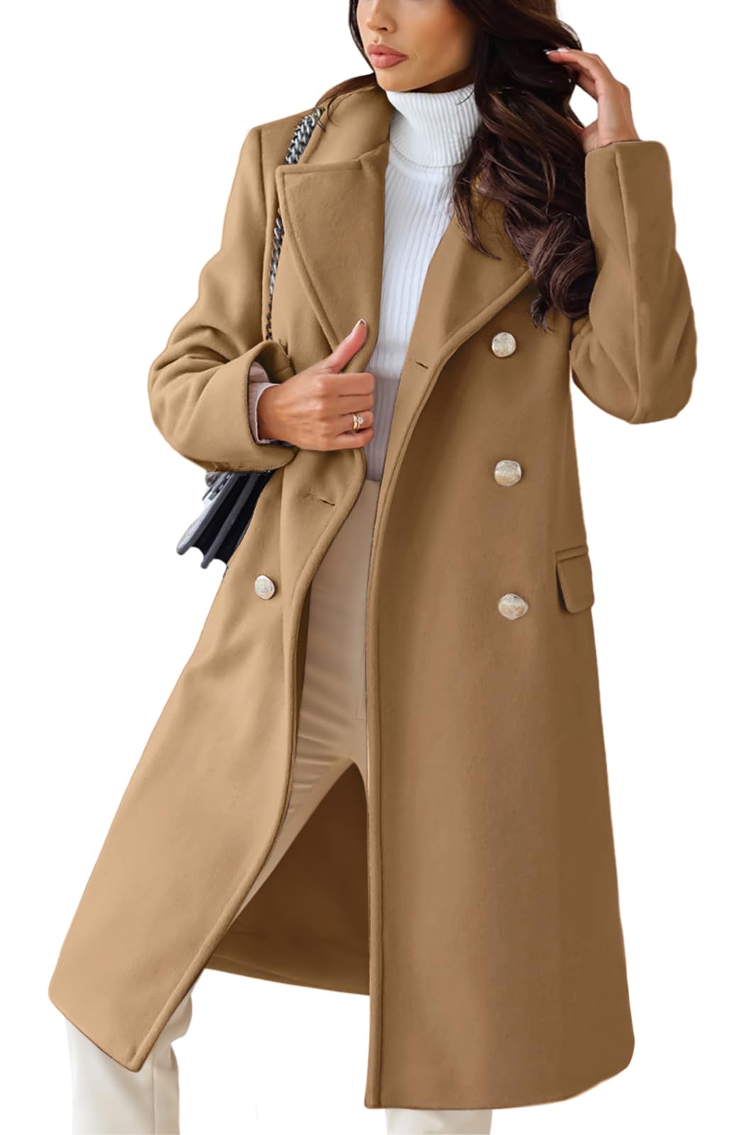chouyatou Damen Wintermantel mit Revers, zweireihig, für Büro und Arbeit, lang, Wolle, Peacoat