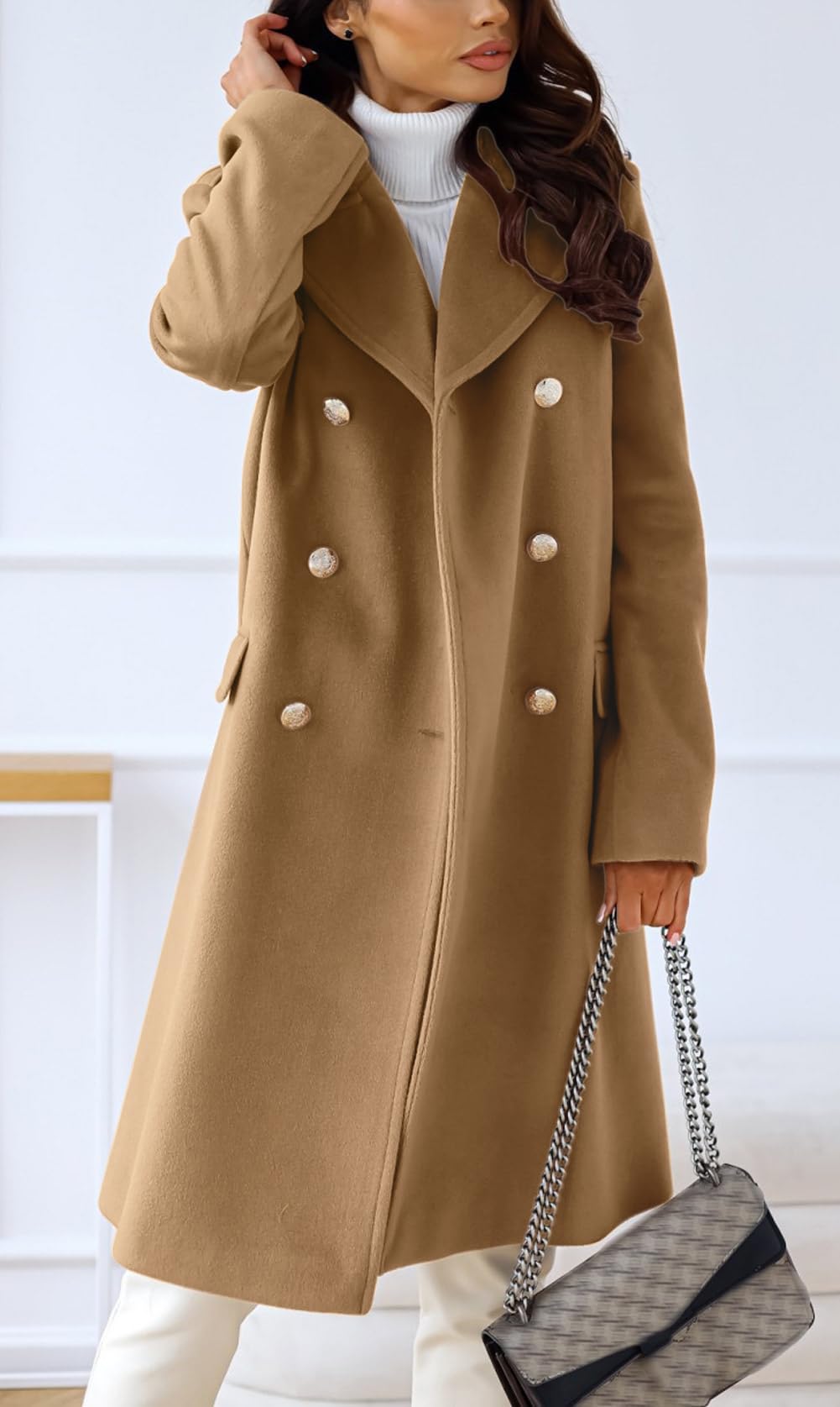chouyatou Damen Wintermantel mit Revers, zweireihig, für Büro und Arbeit, lang, Wolle, Peacoat