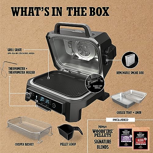Ninja OG951 Woodfire Pro Connect Premium XL Outdoor Grill & Smoker, Bluetooth, App Enabled, 7-in-1 Master Grill, BBQ Smoker, Outdoor Air Fryer, Woodfire Technology, 2 Built-In Thermometers, Black