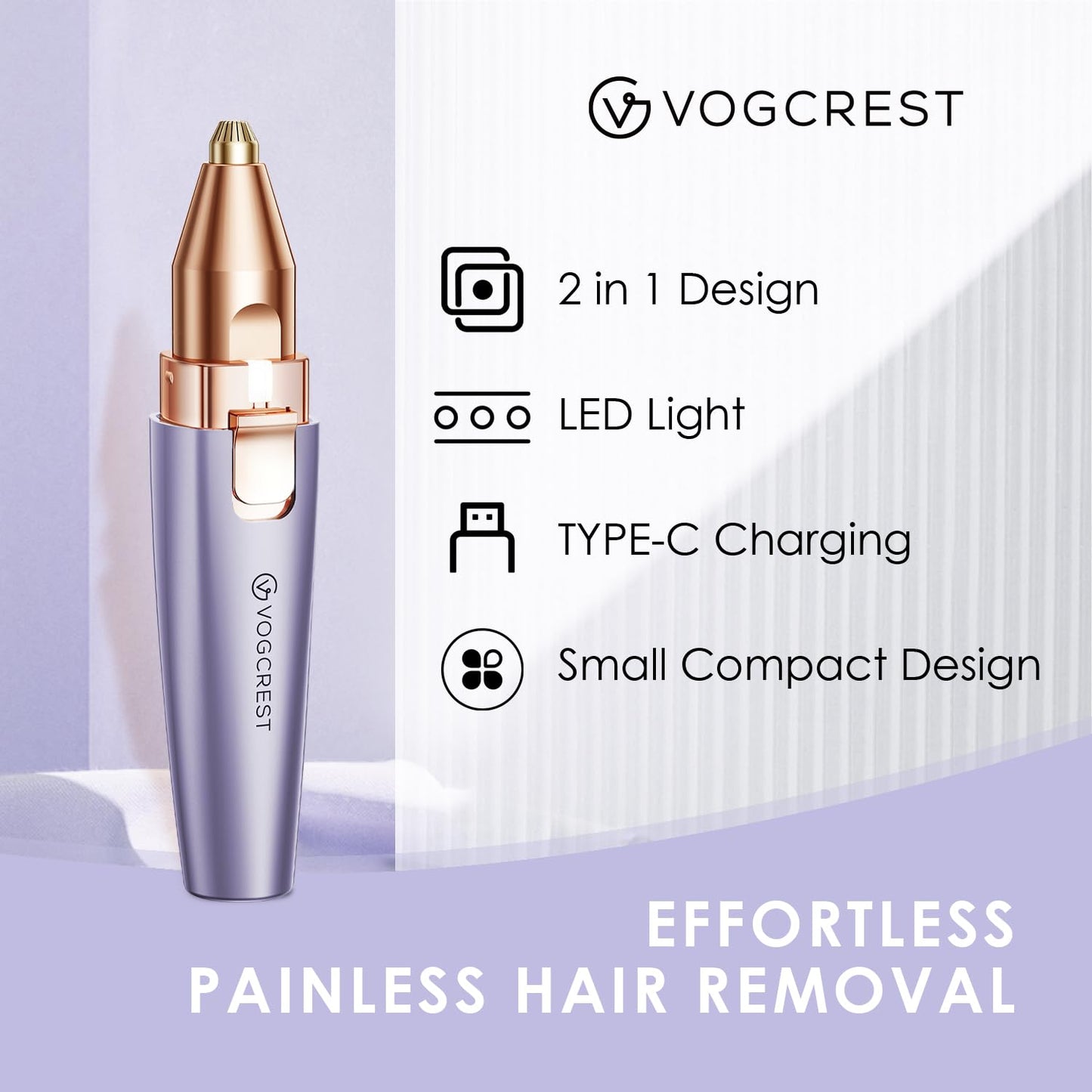 Eyebrow Facial Trimmer: 2 in1 Rechargeable Facial Hair Removal and Eyebrow Shaver - Face Lips Body Painless Facial Razor with Built-in LED Light (Rose Gold)