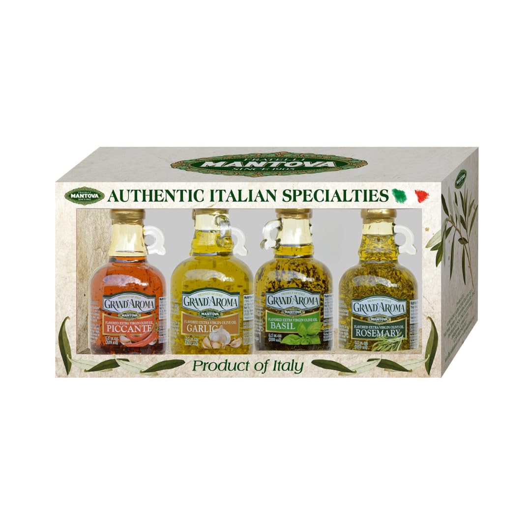 Mantova Grand’Aroma Flavored Extra Virgin Olive Oils, Variety Gift Set, made in Italy, cold-pressed, 100% natural, heart-healthy, for grilling, barbequing, smoking, and cooking, 8.5 oz