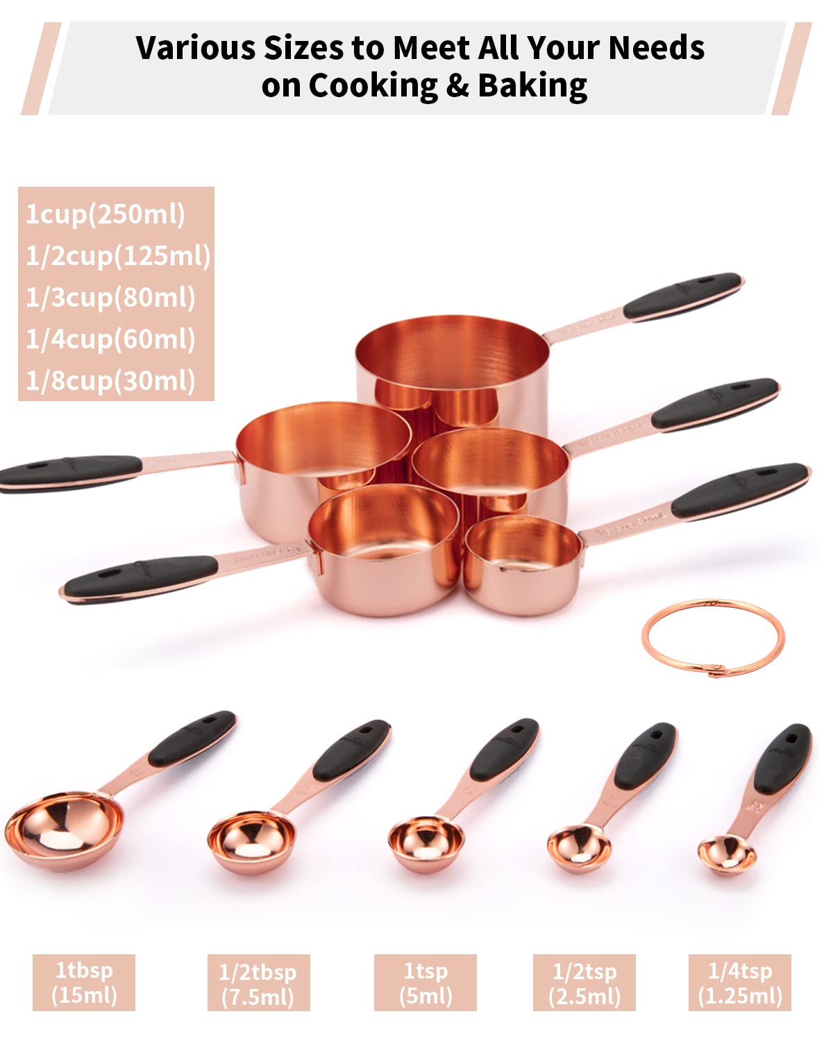 Ensemble de 10 tasses et cuillères à mesurer en acier inoxydable Joyhill, ensemble de tasses à mesurer emboîtables en métal avec poignées en silicone doux au toucher pour ingrédients secs et liquides, cuisine et pâtisserie (noir)