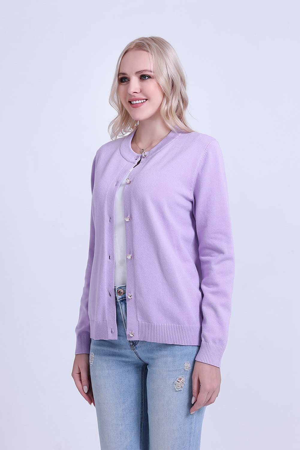SMILING PINKER Women Cardigan Sweater Crewneck Pearl Button Knitted Tops Medium Weight
