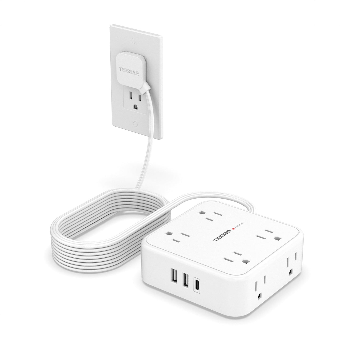 Surge Protector Flat Extension Cord Flat Plug Power Strip, 8 AC Outlets, 3 USB Charger(1 USB C Port) 3-Sided Outlet Extender, 5 Ft, 900 Joules Protection