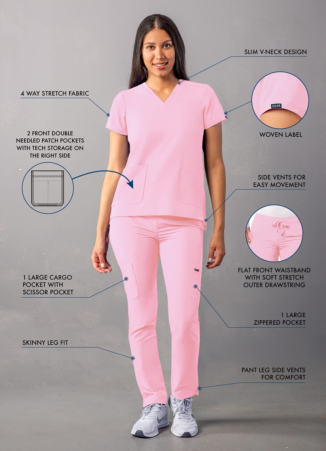 Ensemble de gommage Adar Addition Go-Basic pour femme - Haut de gommage slim à col en V et pantalon de gommage cargo skinny