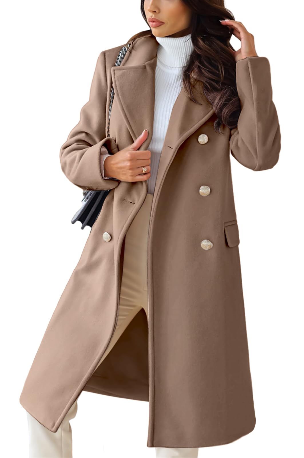 chouyatou Damen Wintermantel mit Revers, zweireihig, für Büro und Arbeit, lang, Wolle, Peacoat