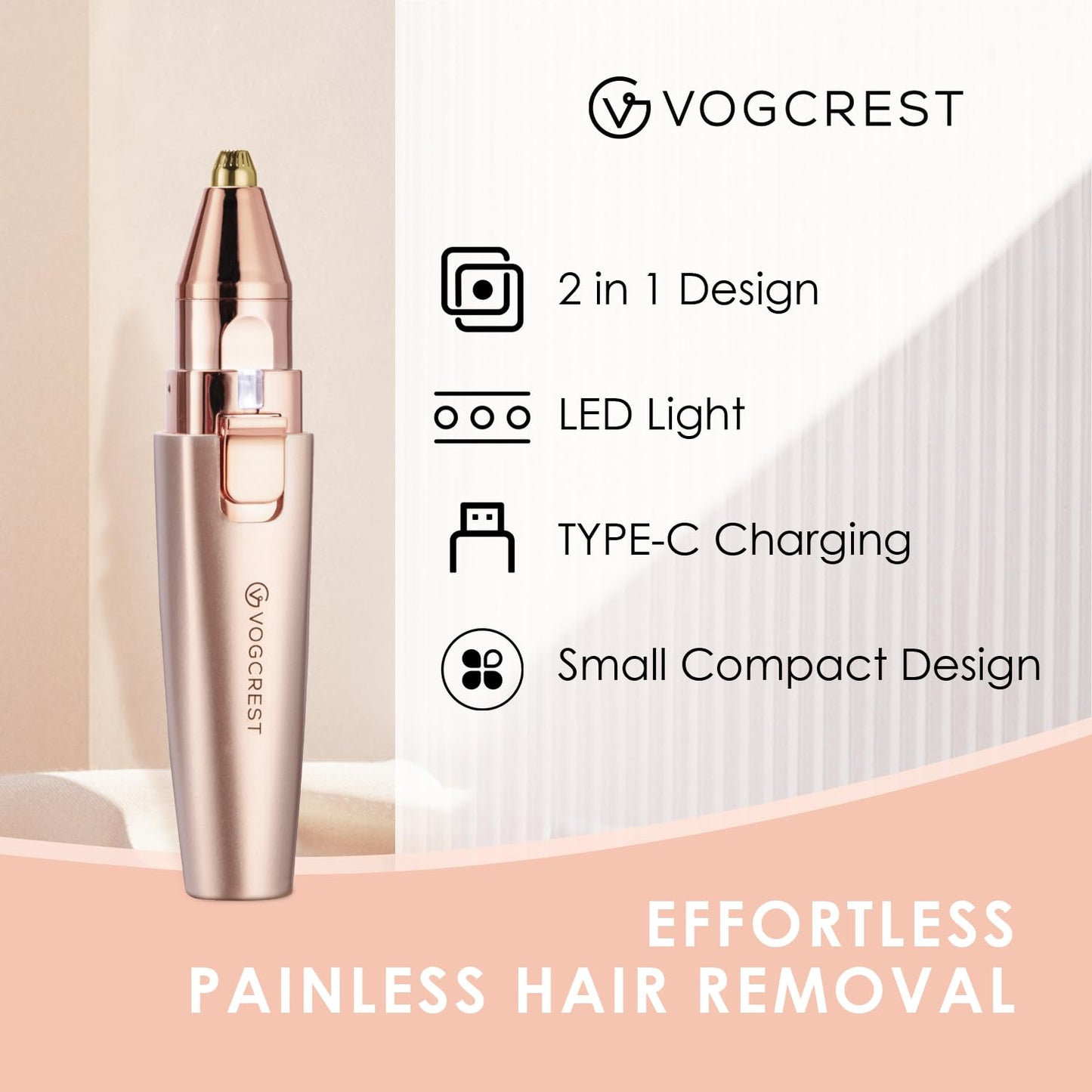 Eyebrow Facial Trimmer: 2 in1 Rechargeable Facial Hair Removal and Eyebrow Shaver - Face Lips Body Painless Facial Razor with Built-in LED Light (Rose Gold)