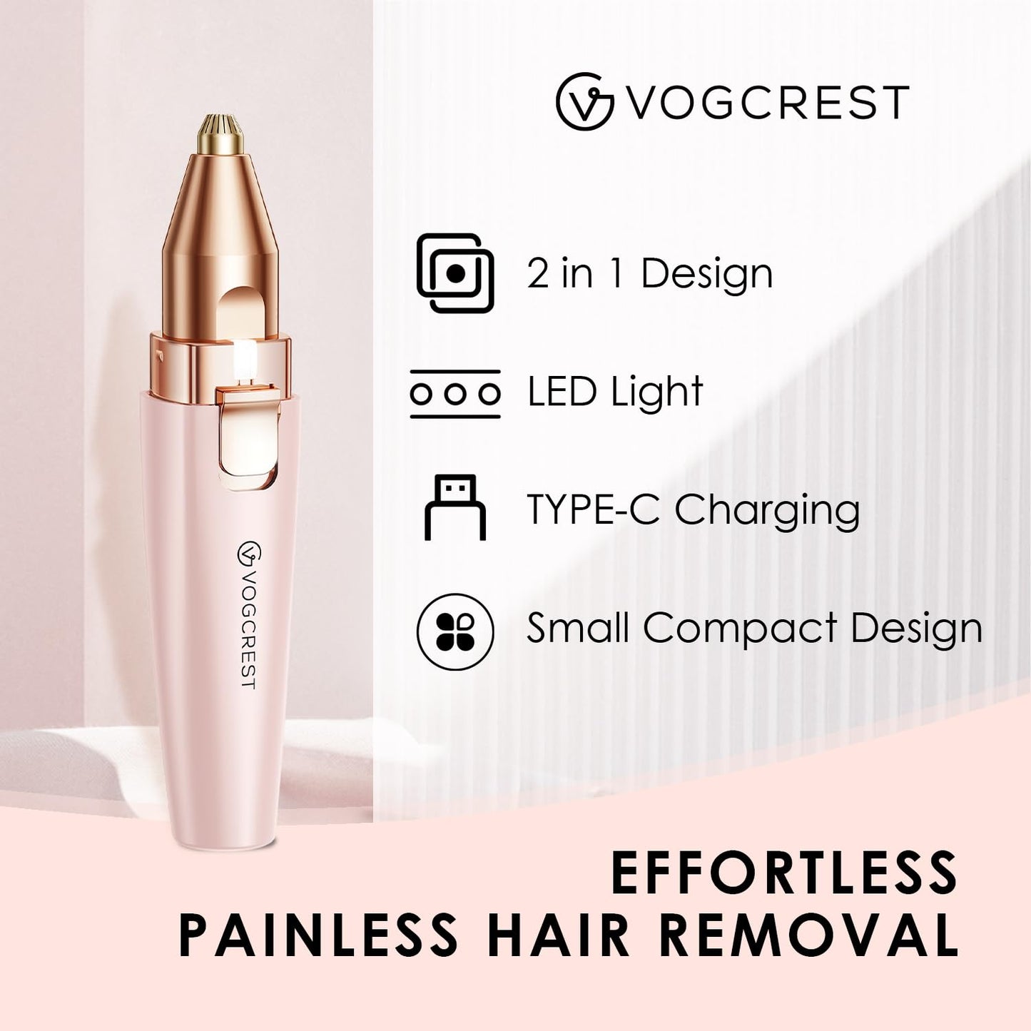 Eyebrow Facial Trimmer: 2 in1 Rechargeable Facial Hair Removal and Eyebrow Shaver - Face Lips Body Painless Facial Razor with Built-in LED Light (Rose Gold)