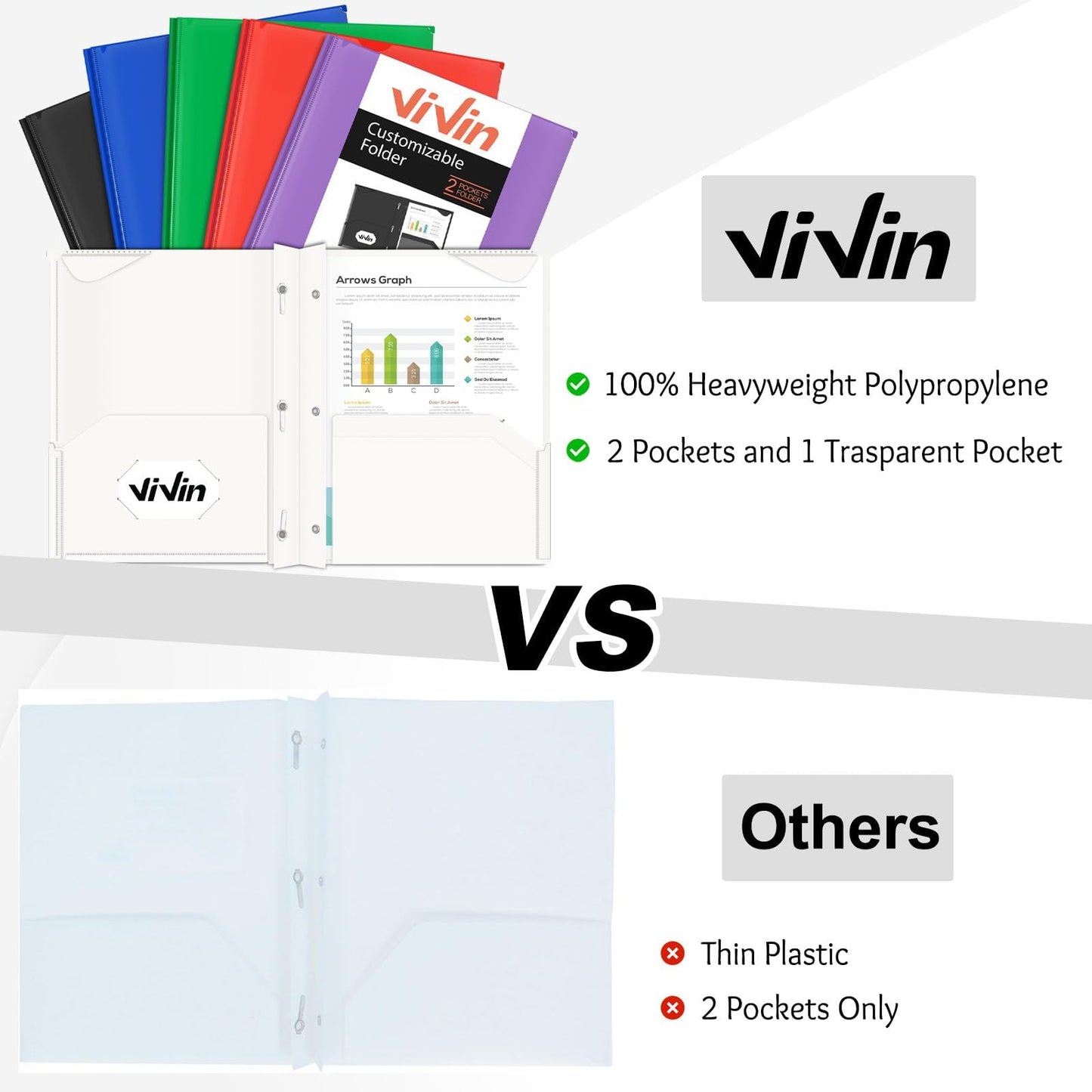 Chemises en plastique épais ViVin avec pochettes et broches, deux poches, poche avant transparente et onglets de maintien, lot de 6, pour papier au format lettre US, pour l'école et le bureau - Blanc
