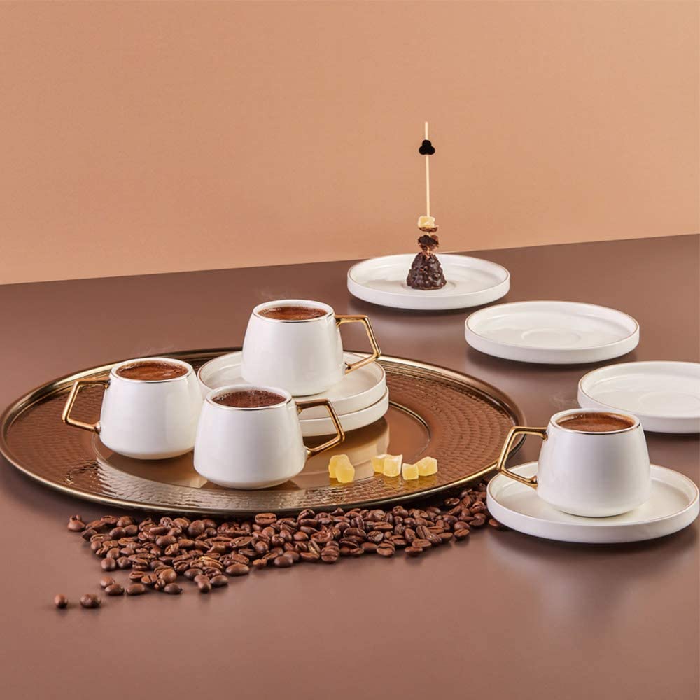 KARACA Globe Turkish Coffee Cup Set of 6, 80ml, 2.7 oz, Small Espresso Cups with Saucers, Porcelain, Black Patterns and Gold Handles, Ideal for Serving Coffee, Espresso, and Cappuccino