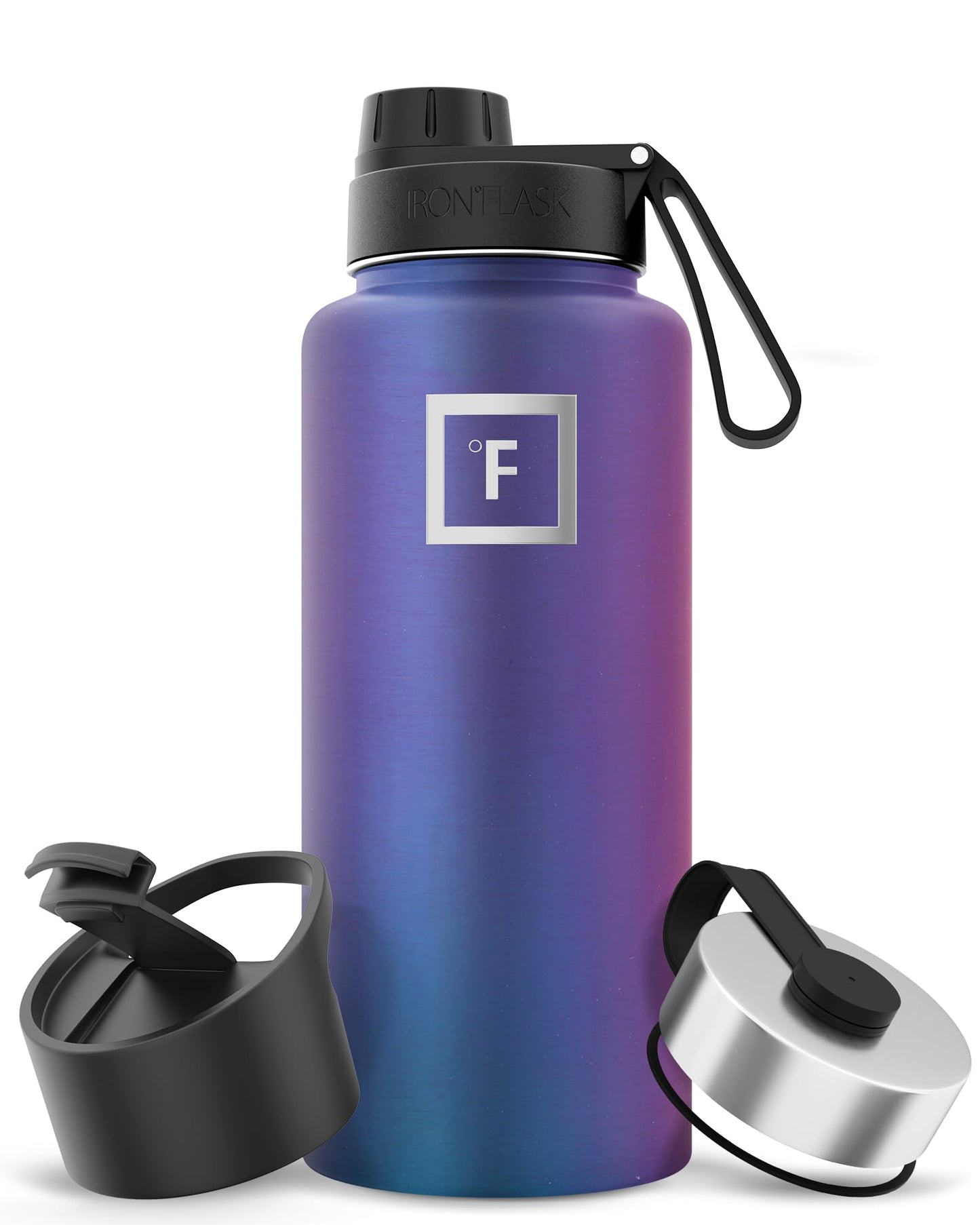 IRON °FLASK Camping & Hiking Hydration Flask with 3 Lids - Stainless Steel, Double Walled & Vacuum Insulated Water Bottle - Leak Proof & BPA Free (Dark Night, Straw - 32 oz)