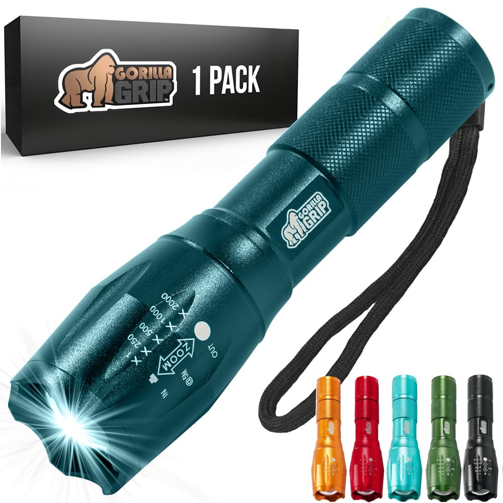 Gorilla Grip Leistungsstarke LED-Taschenlampe, 237 m, wasserfest, 5 einstellbare Modi, taktische Taschenlampe, hohe Lumen, ultrahelle Akku-Zoom-Taschenlampen, kleines Mini-Taschenlampen-Zubehör fürs Campingauto, 2er-Pack, Gold