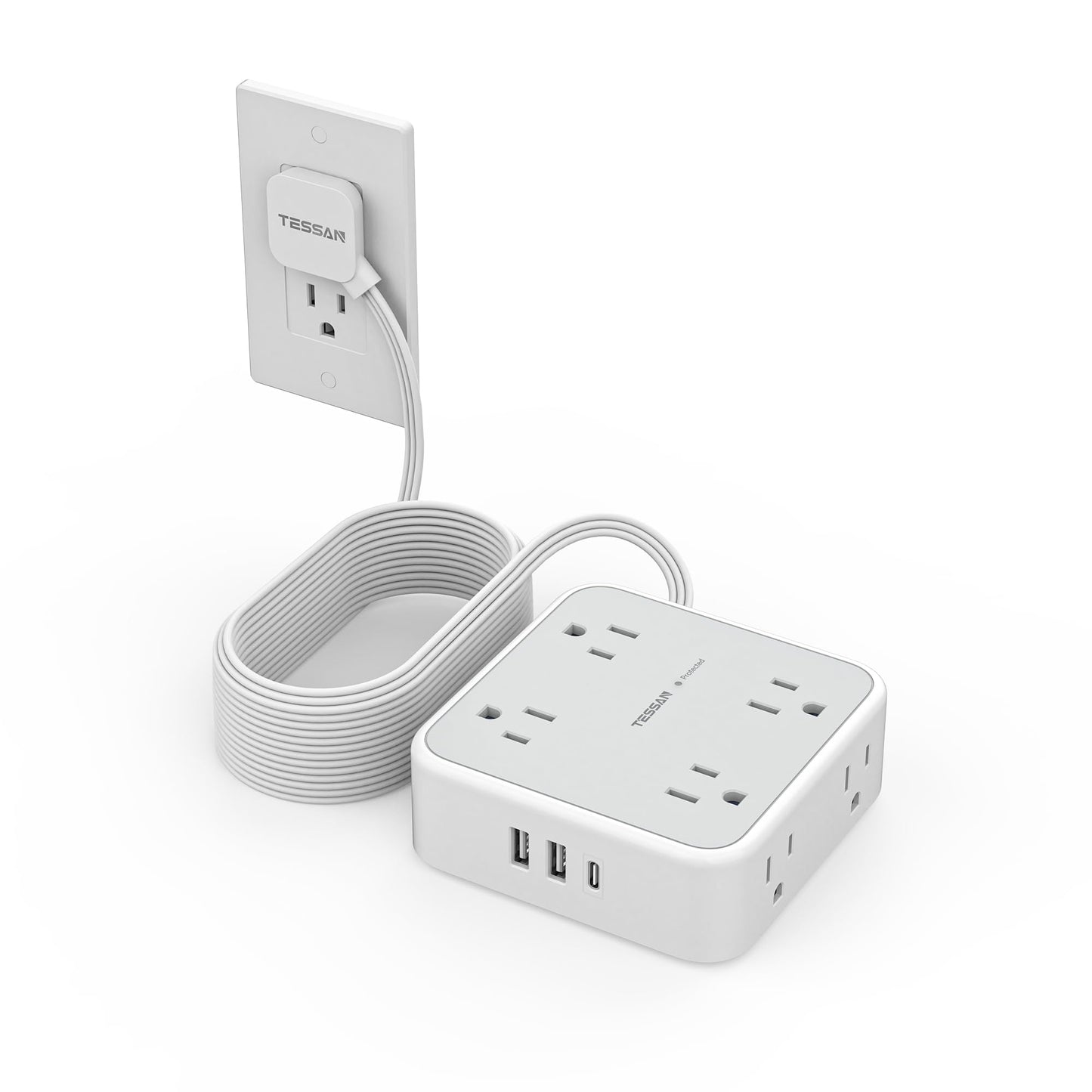 Surge Protector Flat Extension Cord Flat Plug Power Strip, 8 AC Outlets, 3 USB Charger(1 USB C Port) 3-Sided Outlet Extender, 5 Ft, 900 Joules Protection